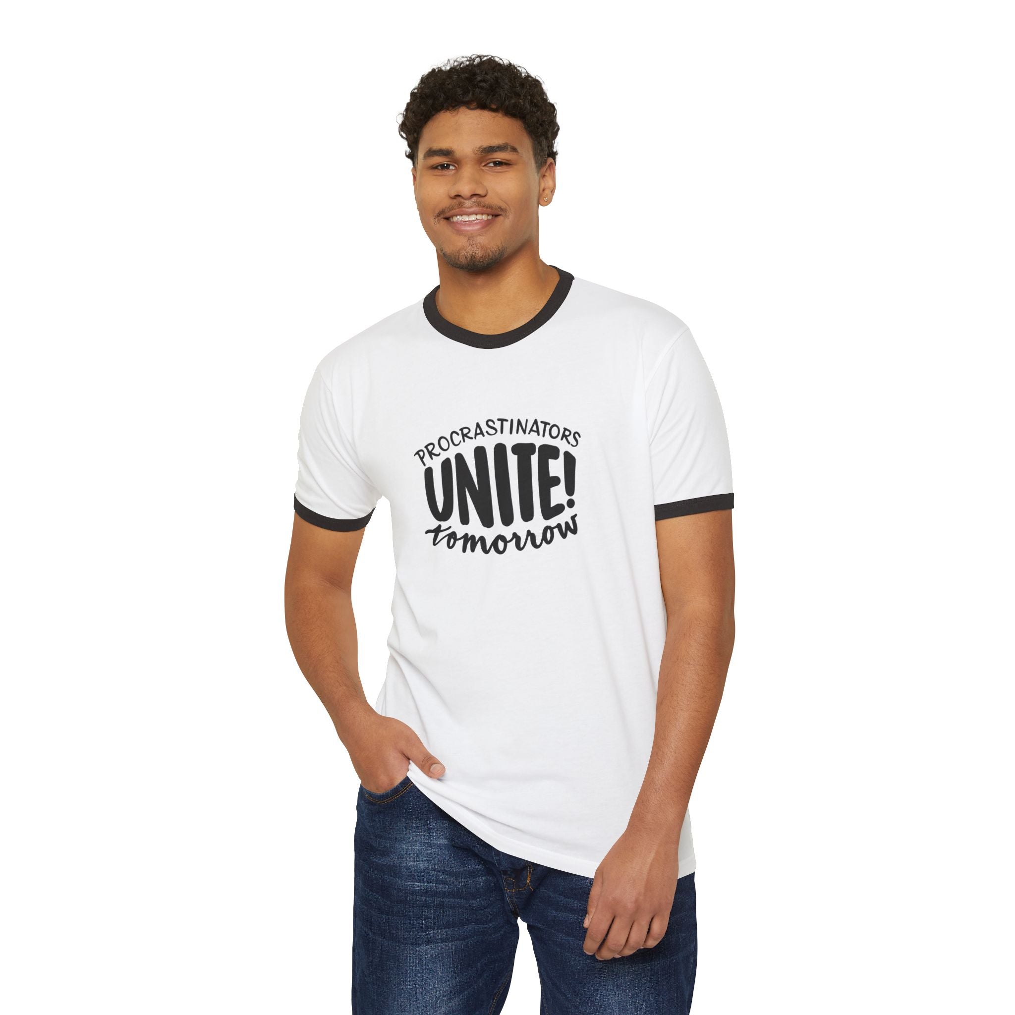Procrastinators Unite Tomorrow Ringer T-Shirt, Funny Cotton Tee, Gift for Students, Casual Wear, Quirky Humor Shirt, Relaxed Fit Tee