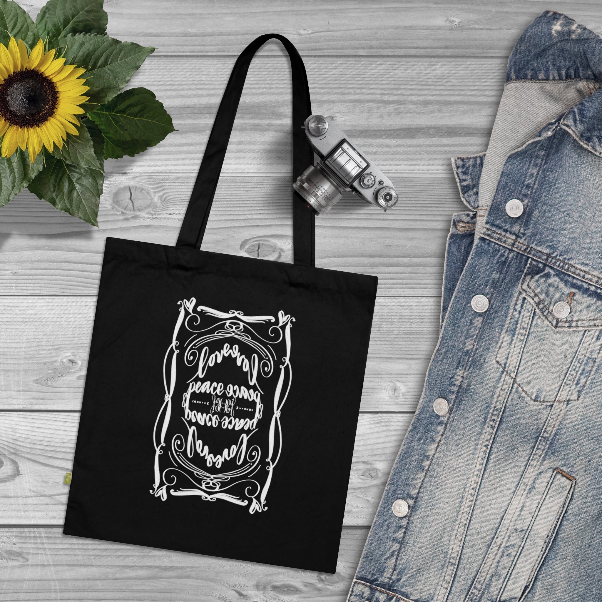 Elegant Organic Cotton Tote Bag LOVE PEACE JOY- Eco-Friendly Shopping Bag, Gift for Teachers, Market Tote, Reusable Grocery Bag