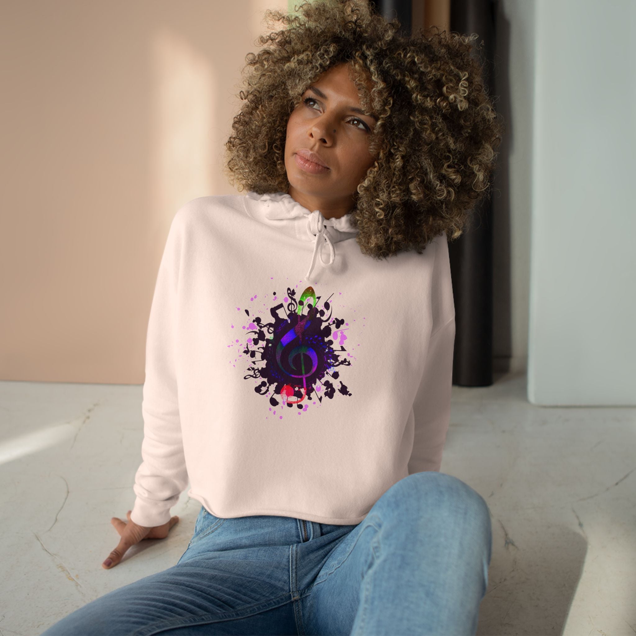 Musical Vibes Crop Hoodie - Colorful Treble Clef Design