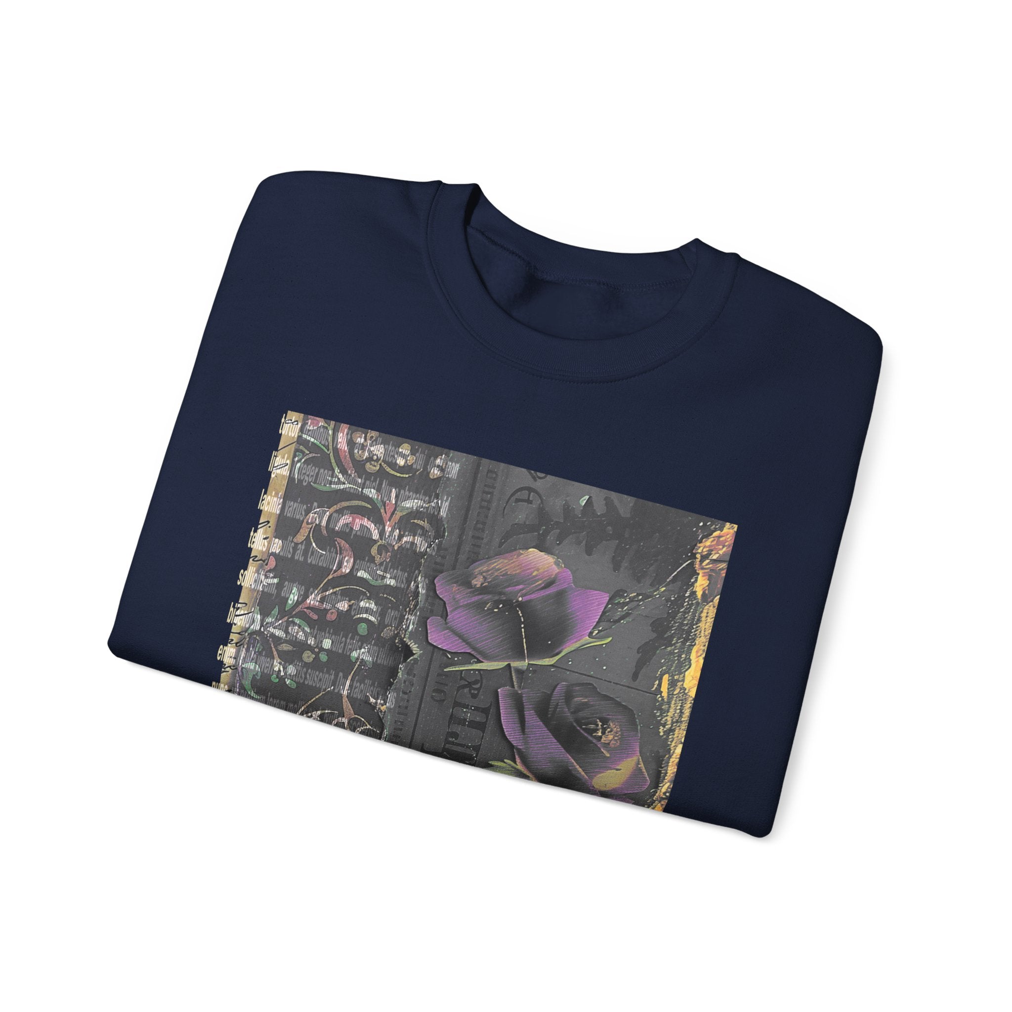 Crewneck Sweatshirt — Vintage Botanical Collage with Purple Roses