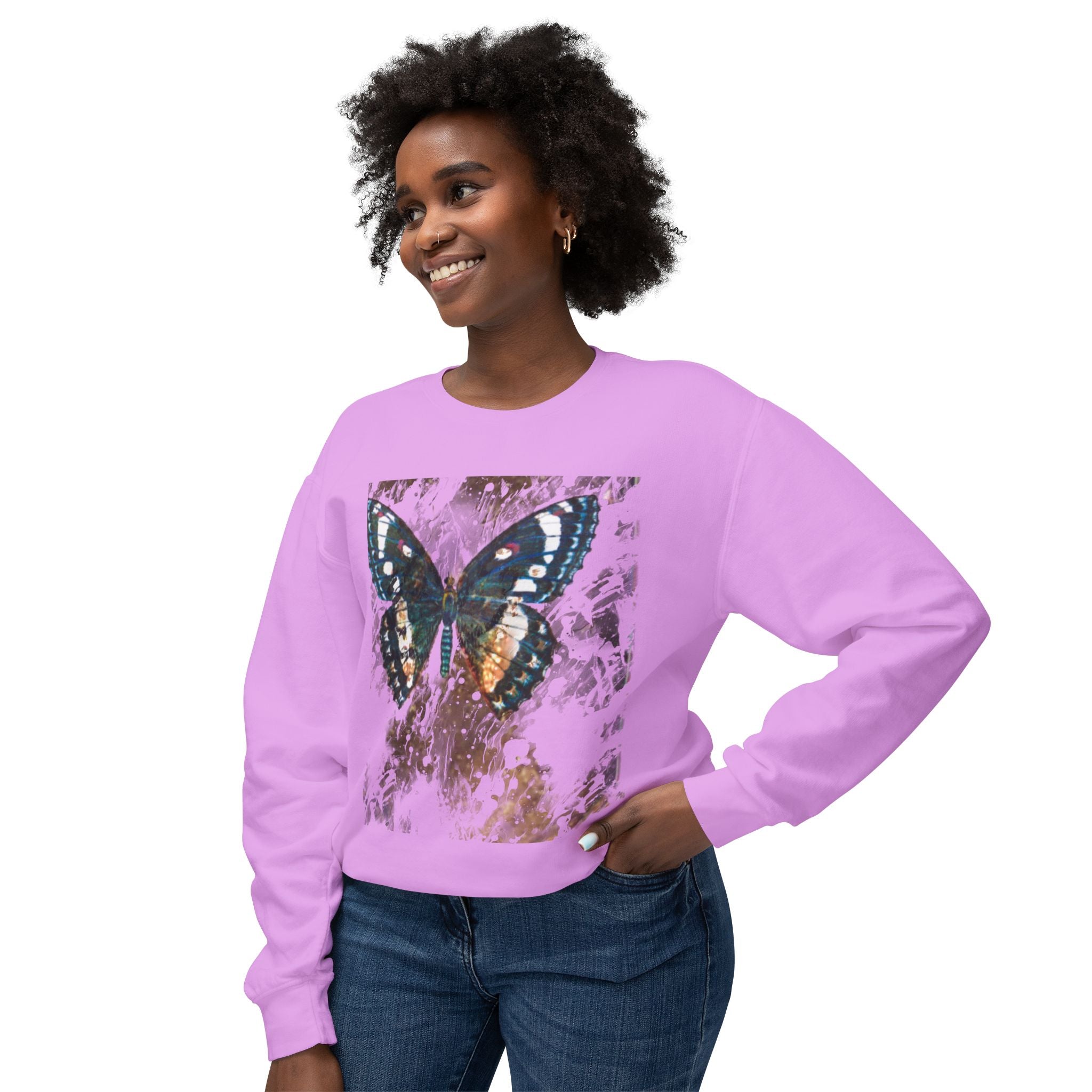 Butterfly Print Unisex Lightweight Crewneck Sweatshirt - Nature-Inspired Style for Everyday Wear