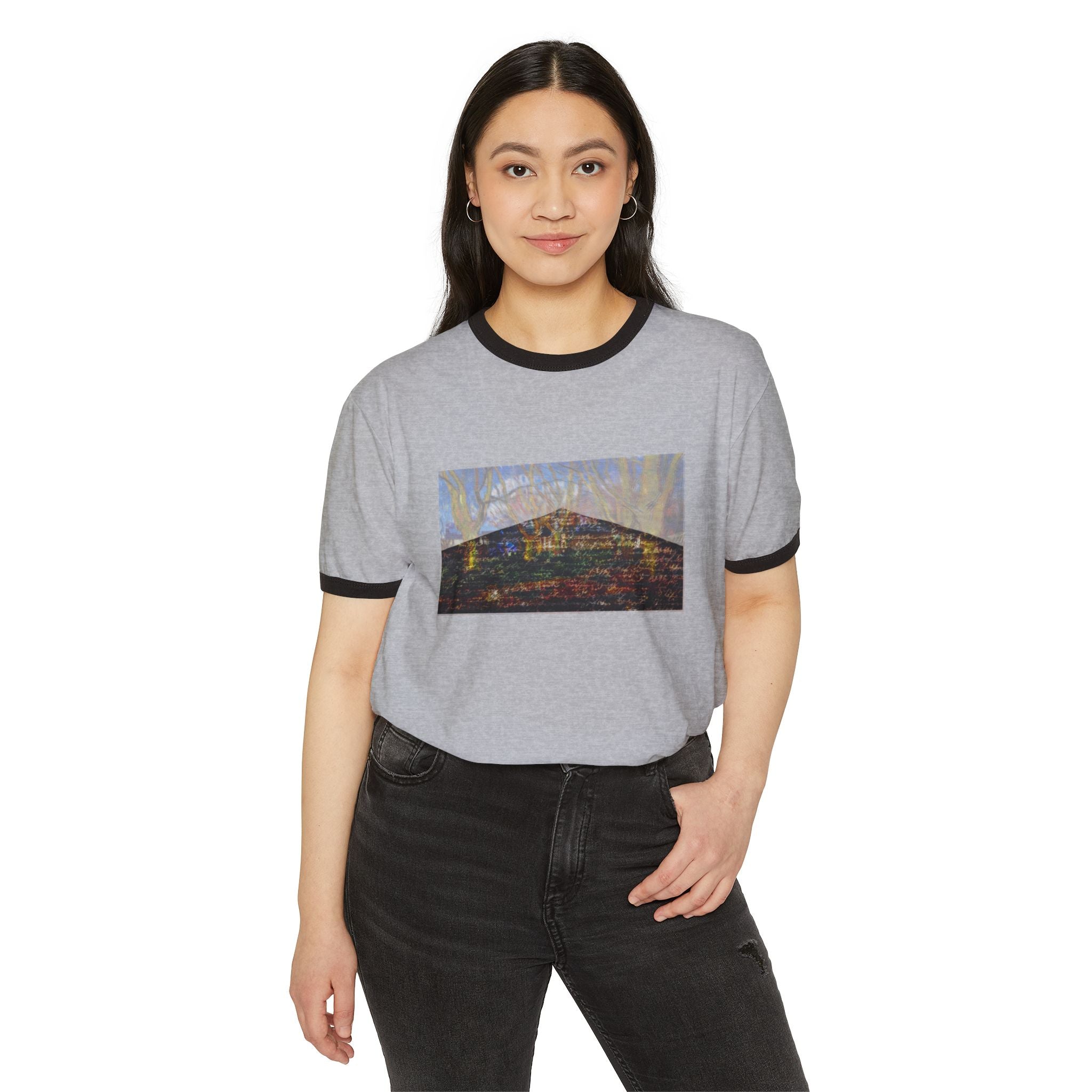 Artistic Nightscape Unisex Ringer T-Shirt, Casual Graphic Tee, Vintage Style Shirt, Gift for Art Lovers, Unique Fashion Statement