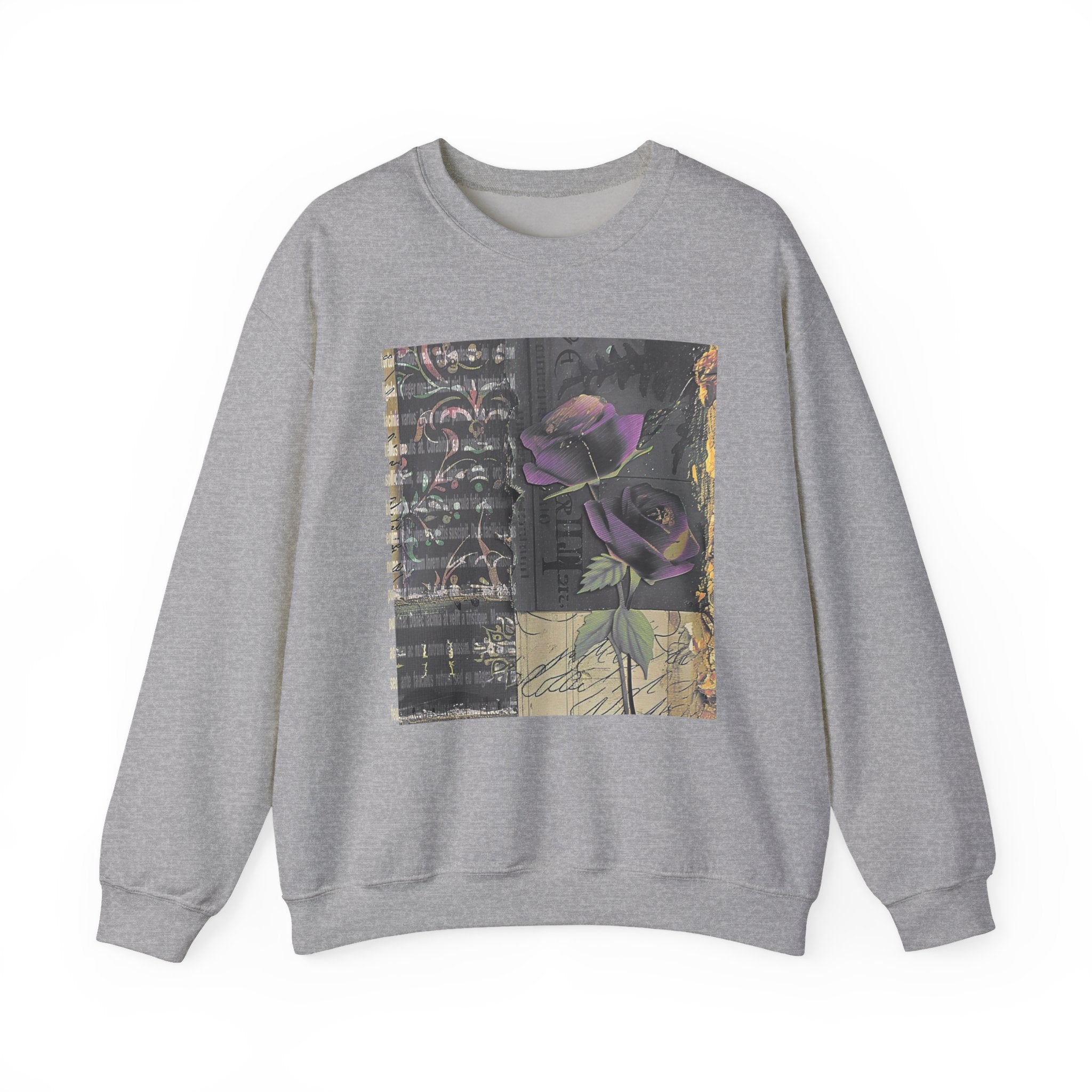 Crewneck Sweatshirt — Vintage Botanical Collage with Purple Roses
