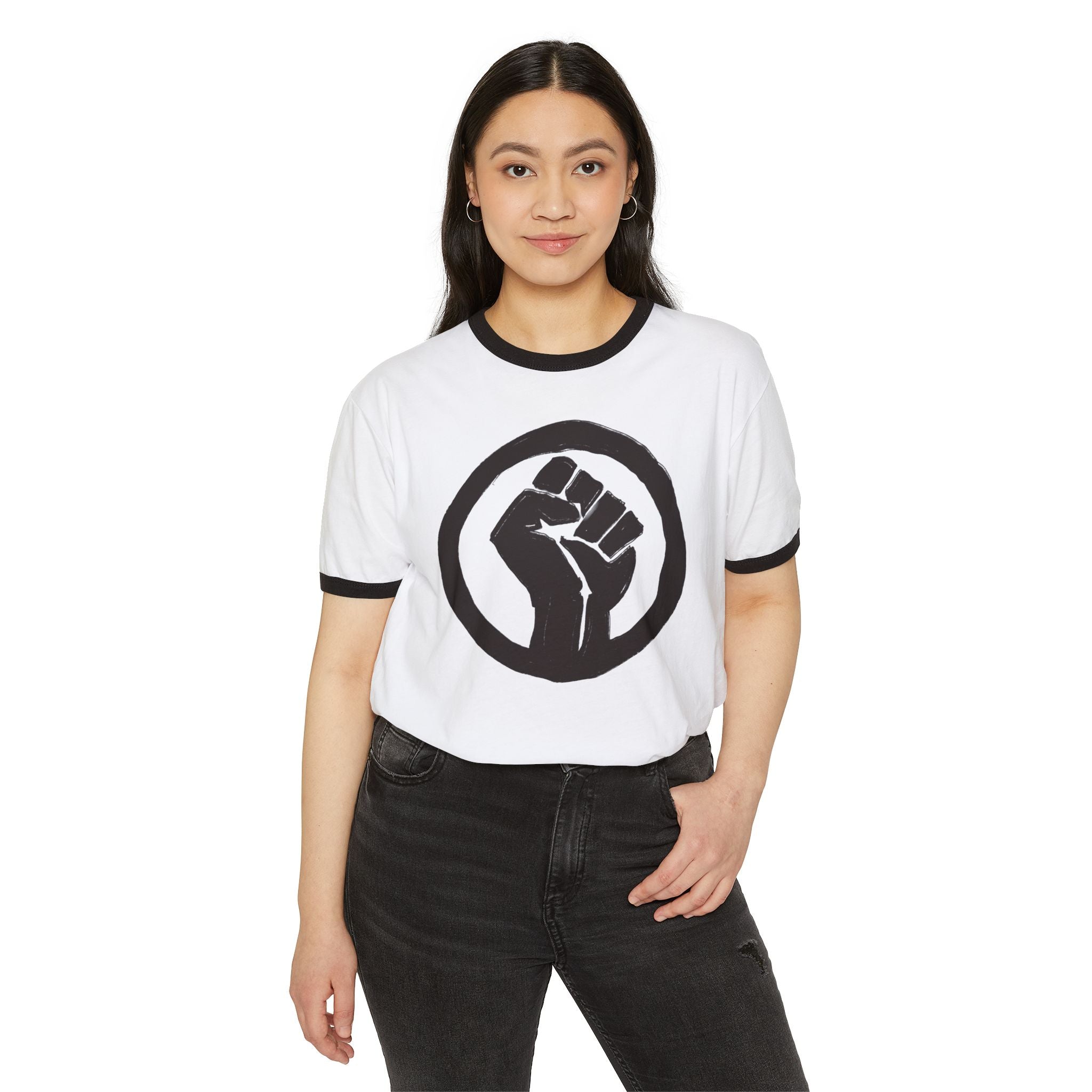 Empowering Unisex Cotton Ringer T-Shirt with Fist Design
