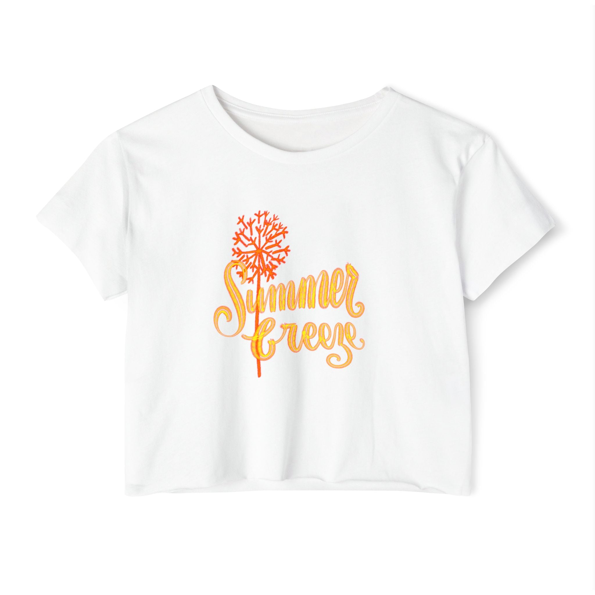 Summer Vibes Festival Crop Top - Women's White Tee with Bright Coral Design