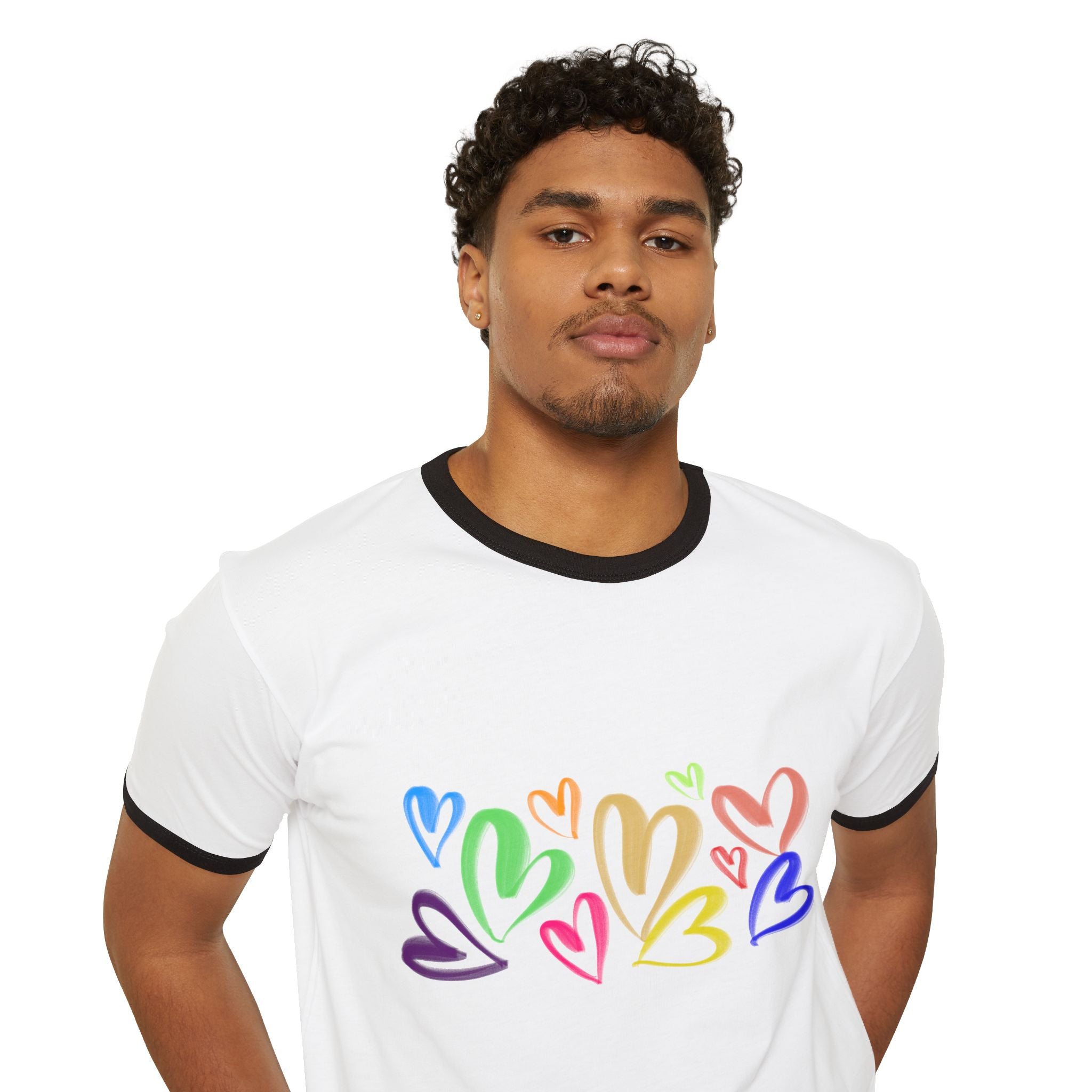 Colorful Heart Vibe Unisex Ringer T-Shirt, Cute Graphic Tee, Casual Pride Shirt, Gift for Friends, Summer Wear, LGBTQ+ Apparel
