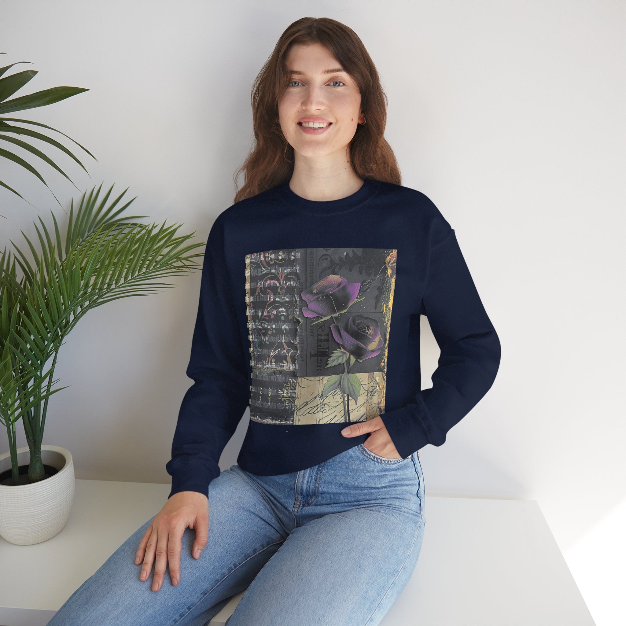 Crewneck Sweatshirt — Vintage Botanical Collage with Purple Roses