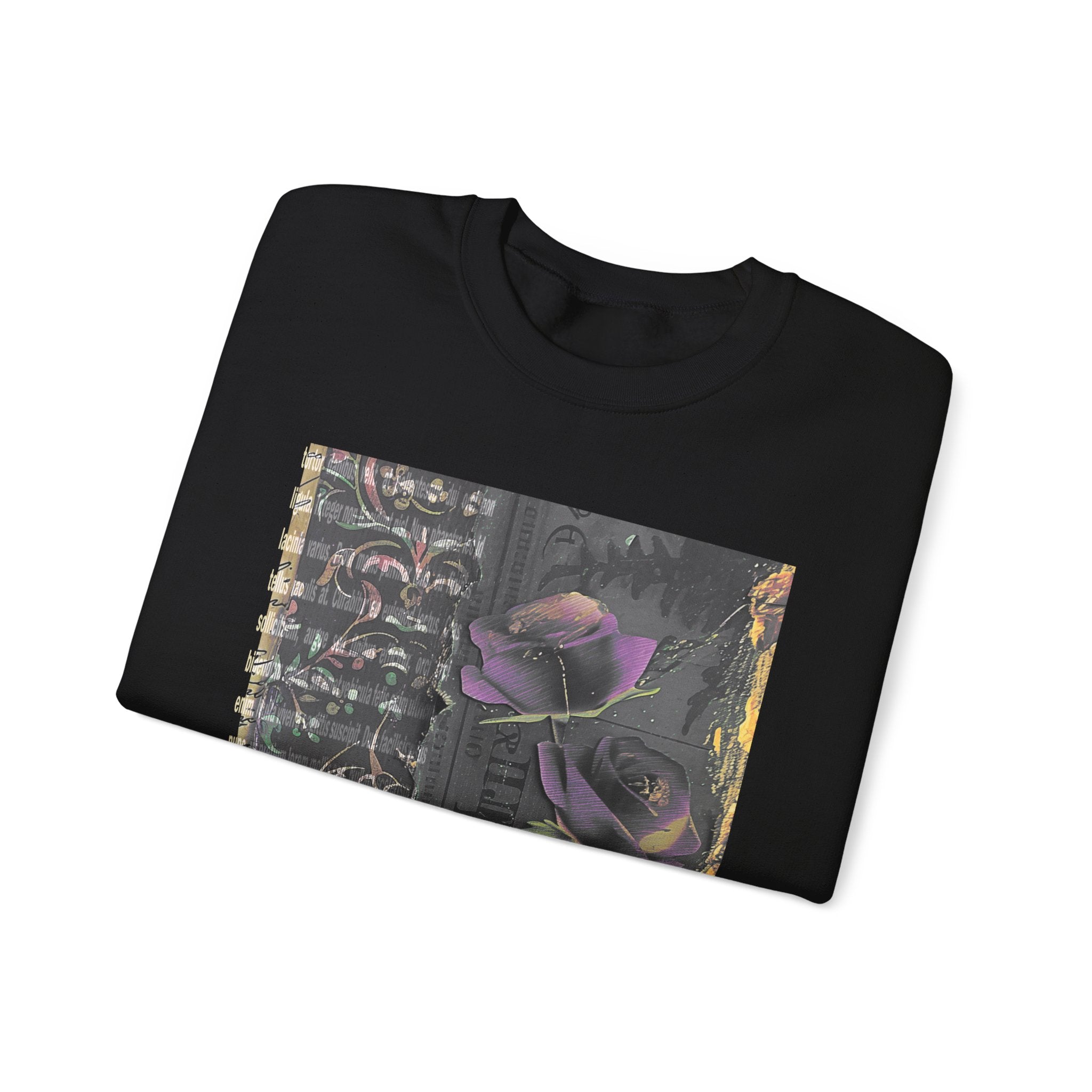 Crewneck Sweatshirt — Vintage Botanical Collage with Purple Roses