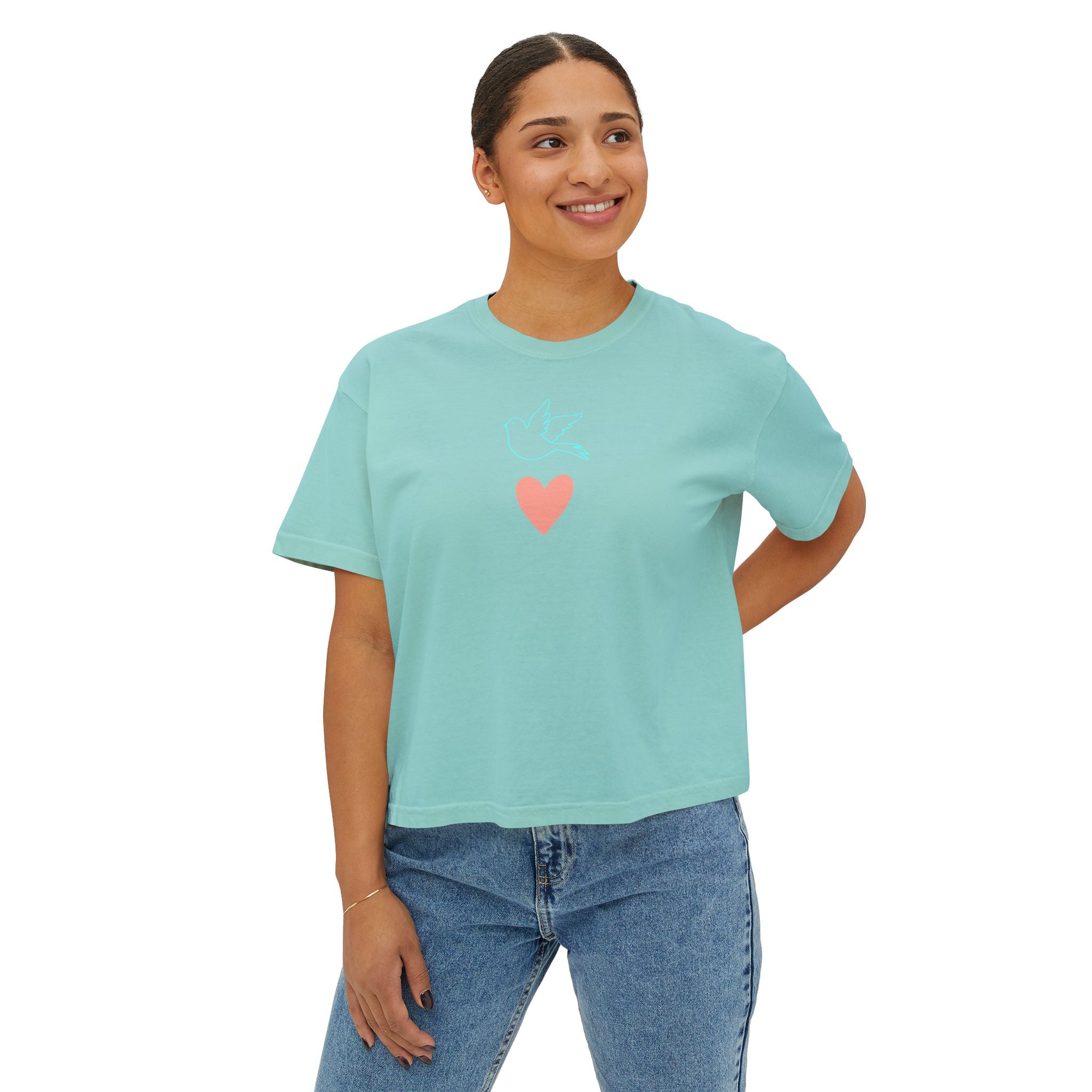 Women's Boxy Tee - Cute Bird & Heart Design