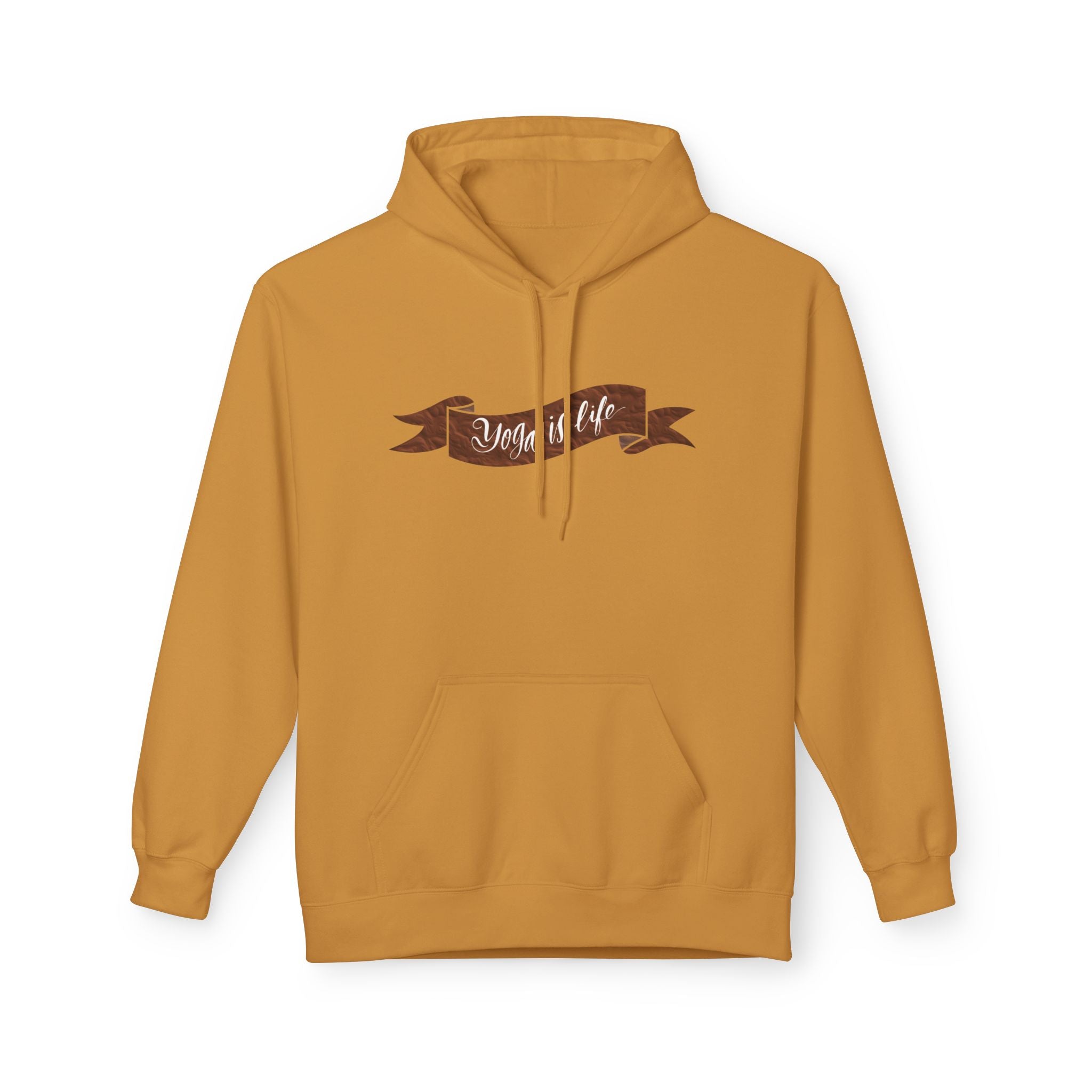 Cozy 'Yoga is Life' Script Hoodie — Rustic Brown Fleece Pullover
