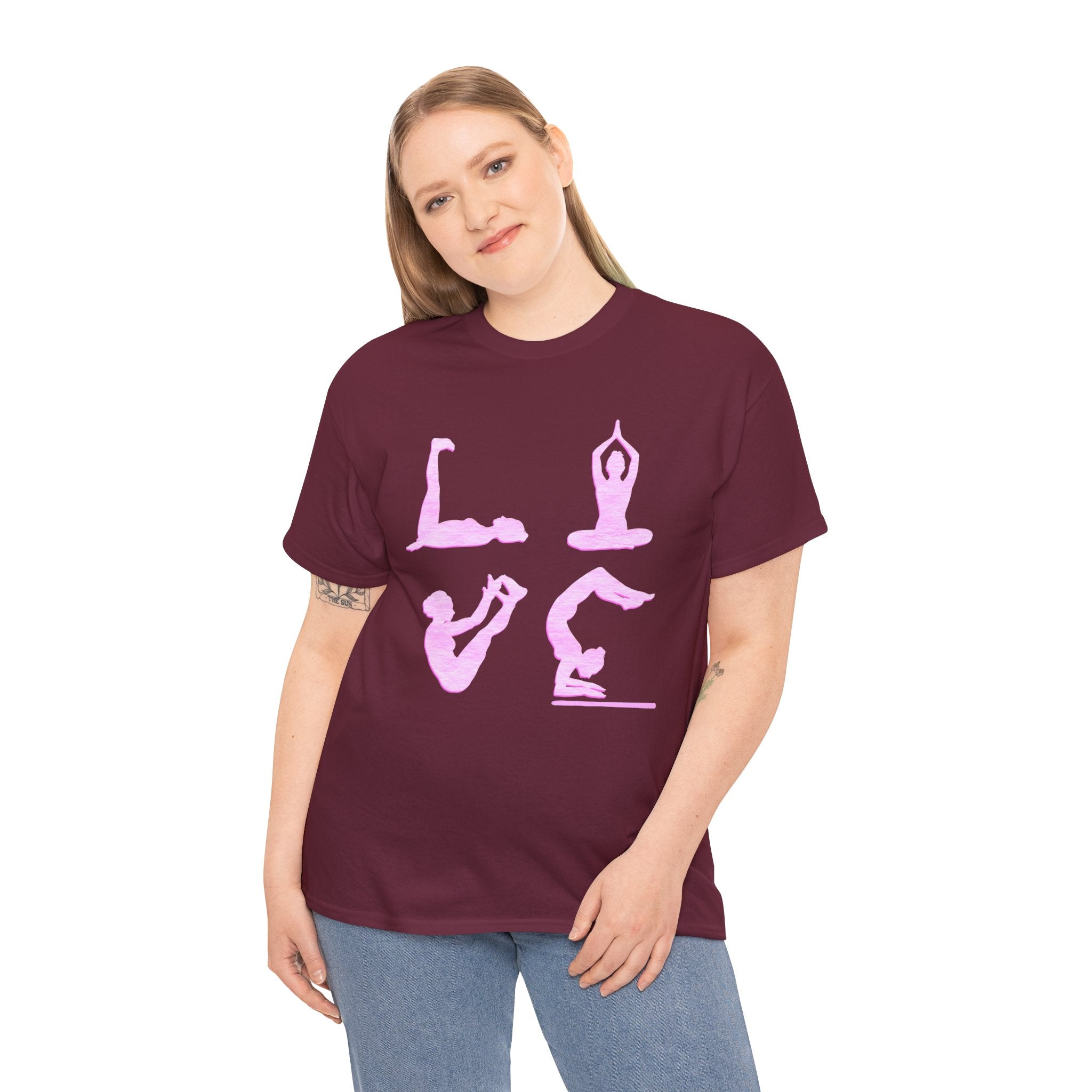 Yoga Love Poses Graphic Tee — Pink Silhouette Yoga Shirt for Women & Men