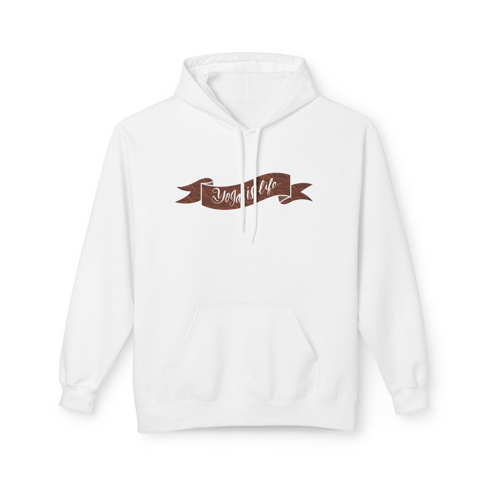 Cozy 'Yoga is Life' Script Hoodie — Rustic Brown Fleece Pullover