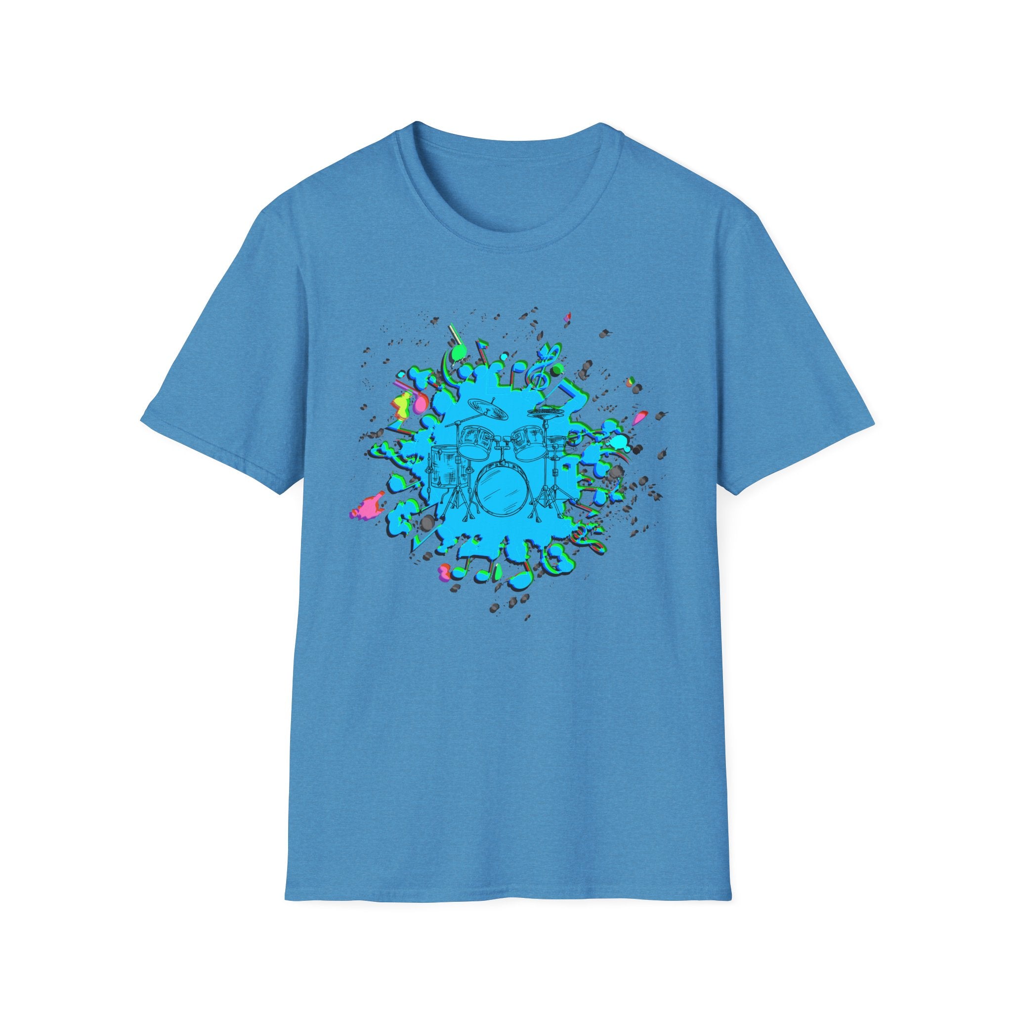 Vibrant Drummer's Splash Unisex Softstyle T-Shirt - Perfect for Musicians & Music Lovers