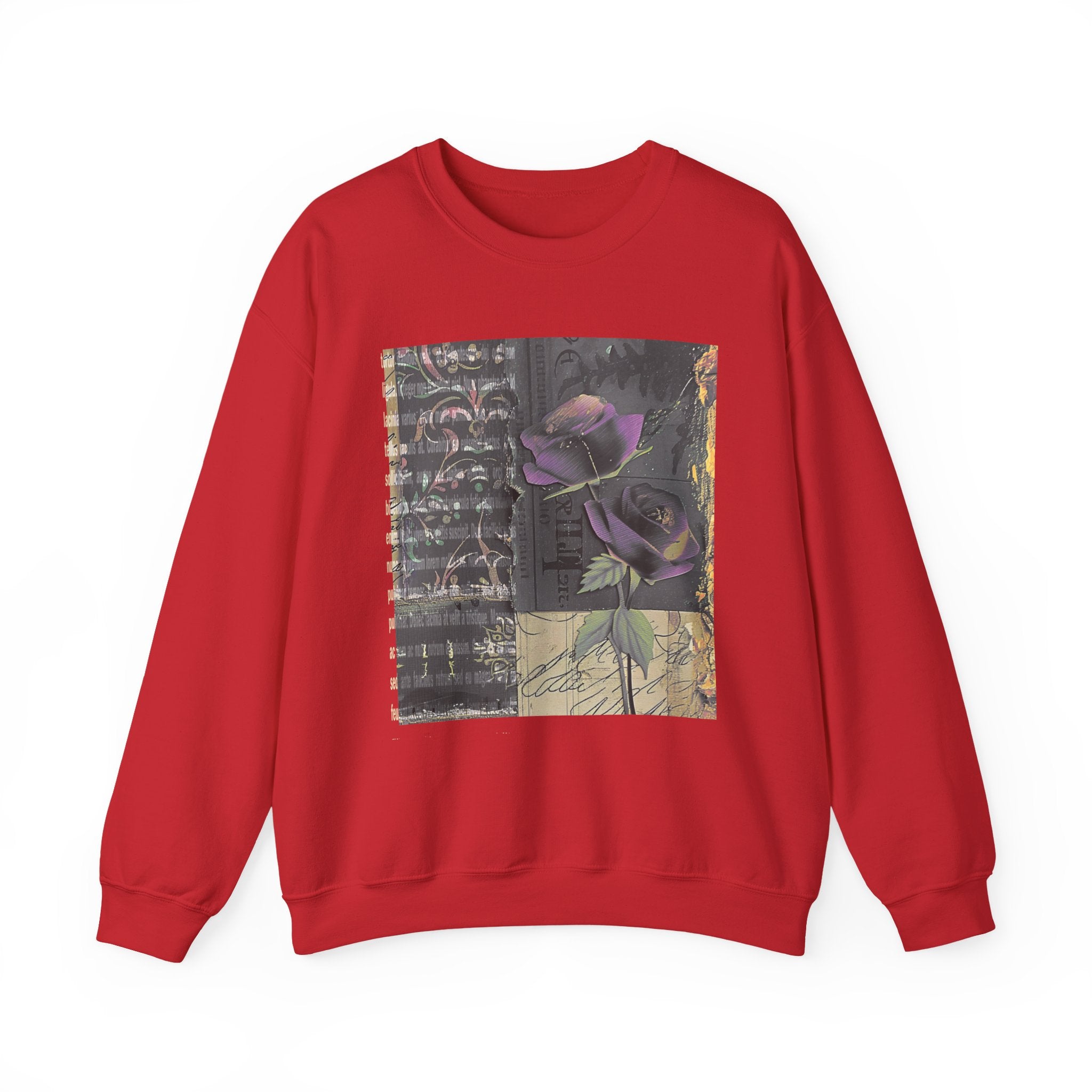 Crewneck Sweatshirt — Vintage Botanical Collage with Purple Roses