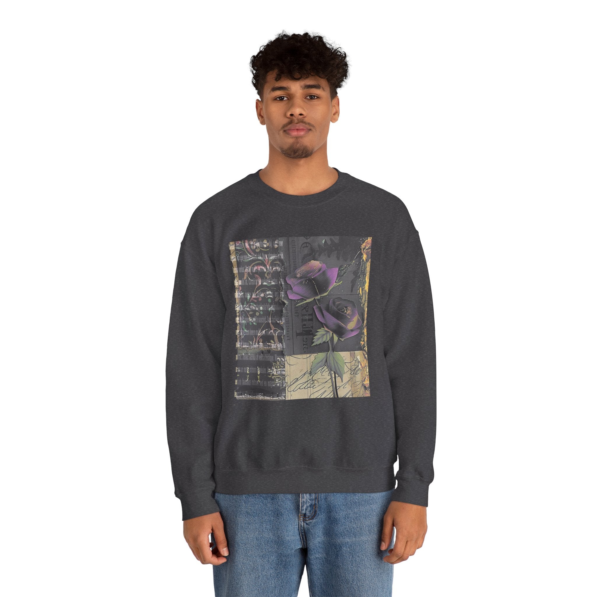 Crewneck Sweatshirt — Vintage Botanical Collage with Purple Roses