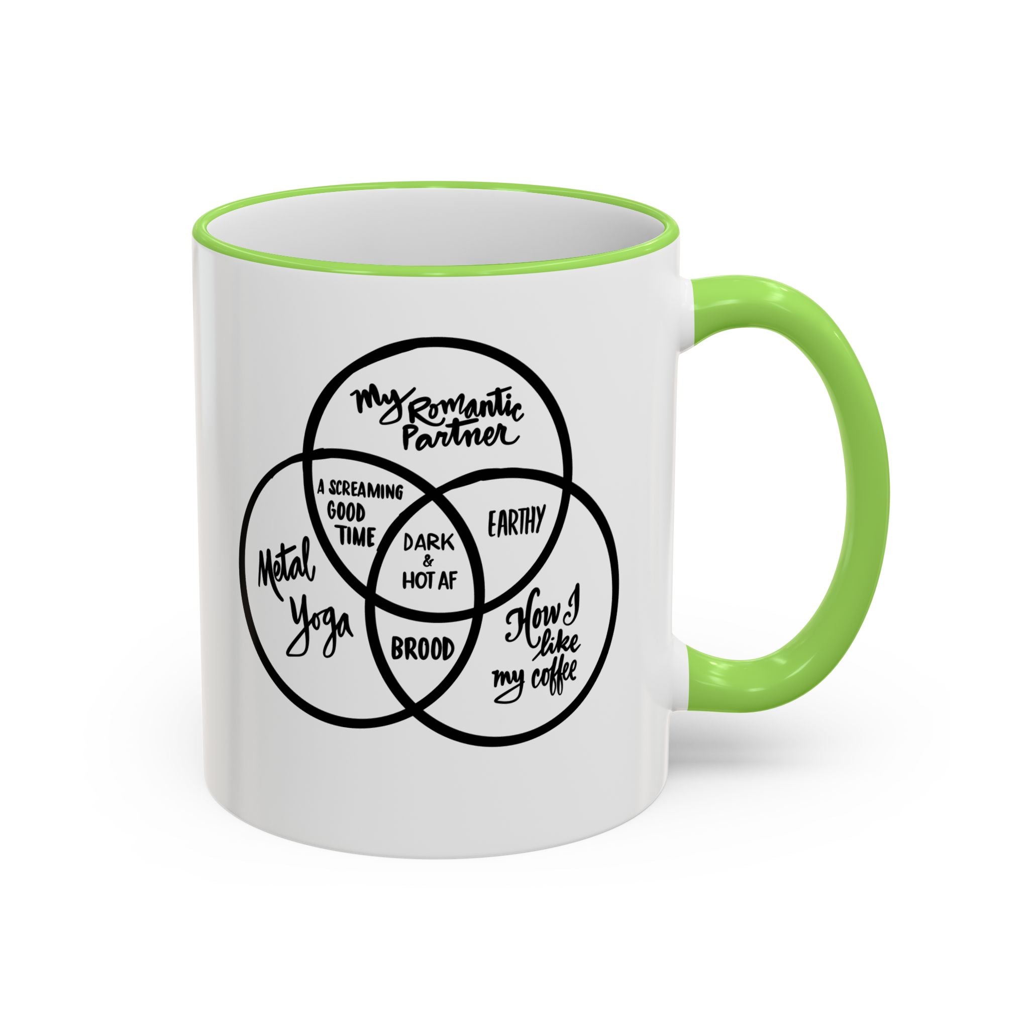 Metal Yoga Venn Diagram Mug — Funny Coffee Lover Accent Rim & Handle Mug (11oz/15oz)