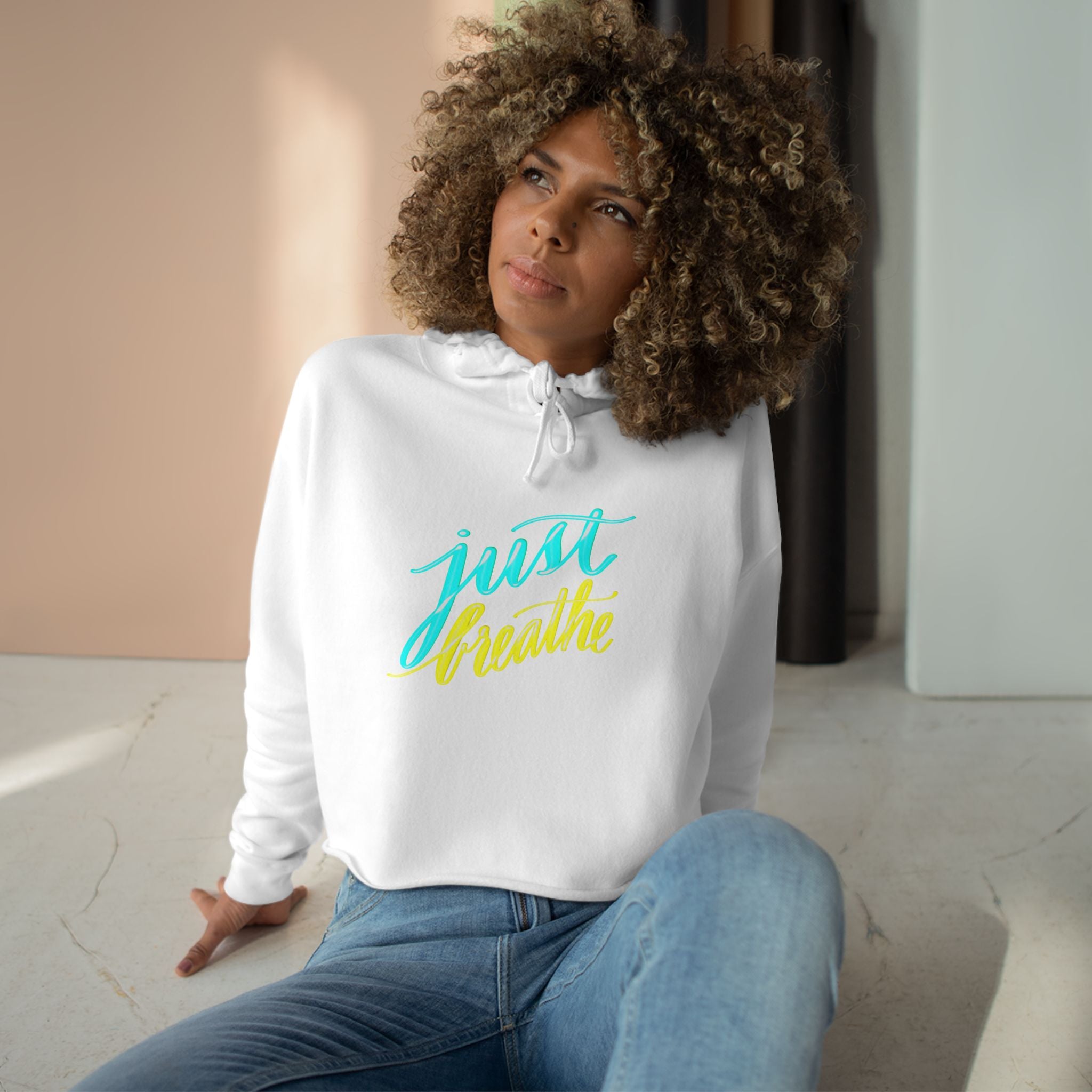 Just Breathe Crop Hoodie - Inspirational Relaxed Fit for Stress Relief and Comfort