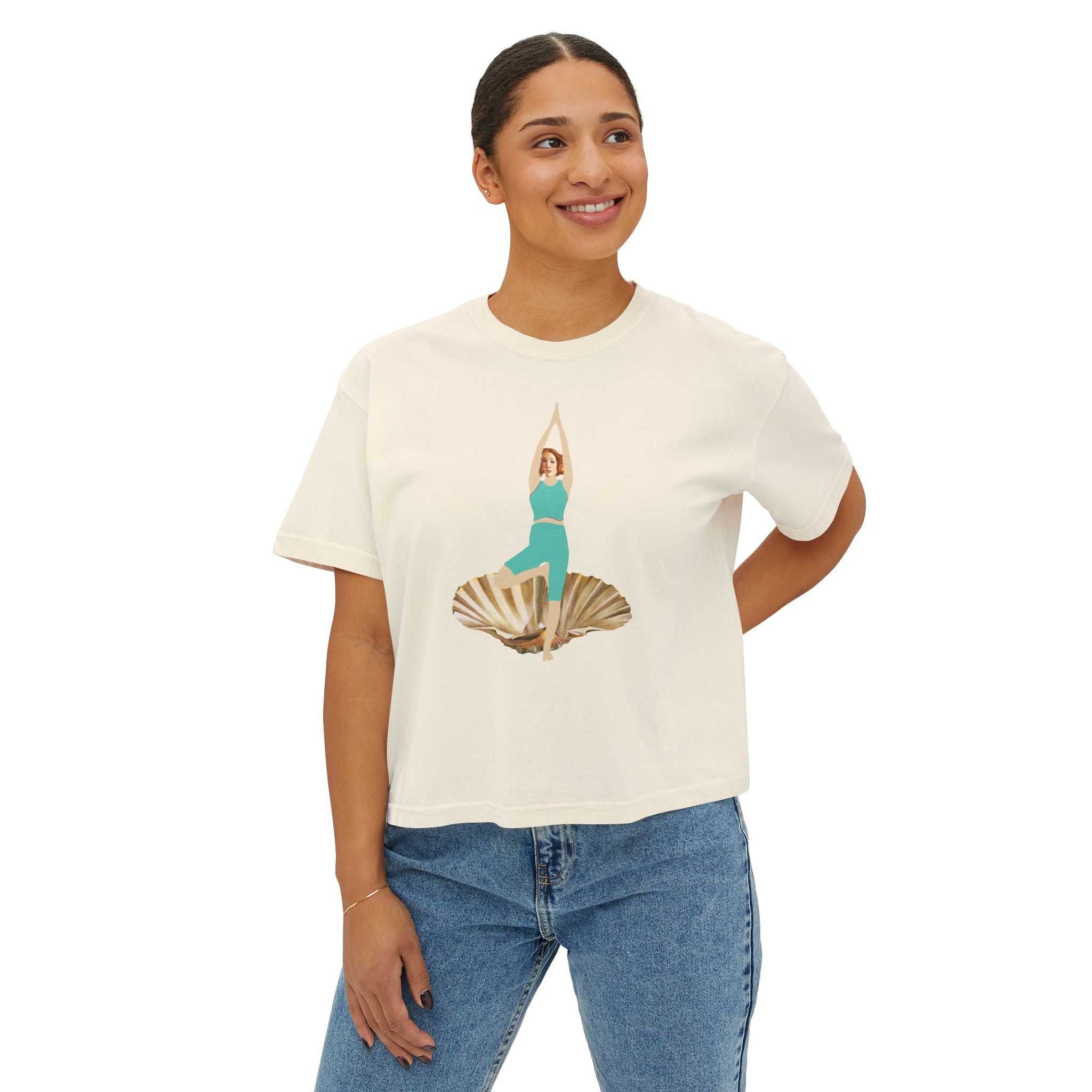 Birth of Venus Yoga Boxy Tee, Women's Casual Shirt, Summer Vibes T-Shirt, Relaxed Fit Top, Vacation Wear, Perfect for Beach Days