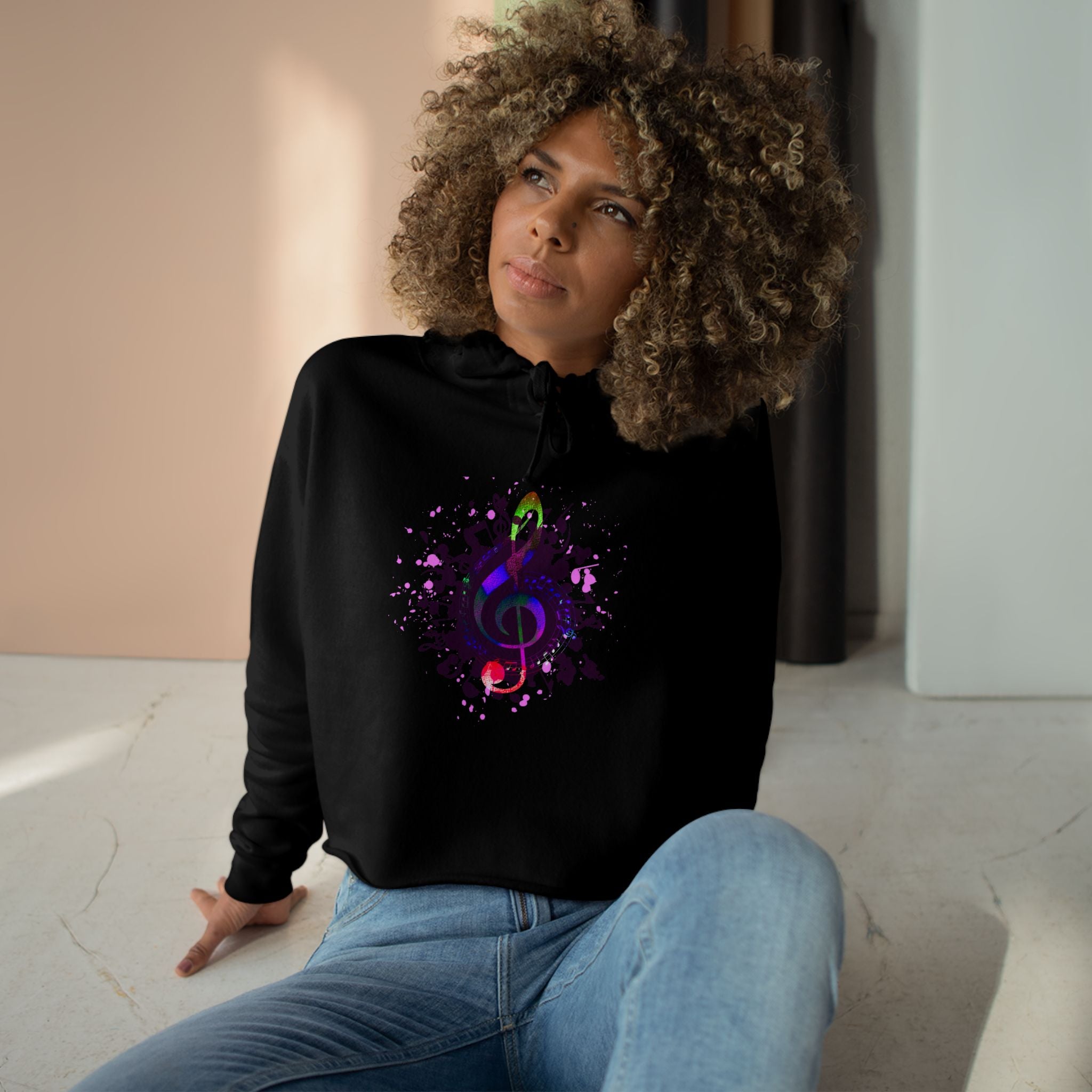 Musical Vibes Crop Hoodie - Colorful Treble Clef Design