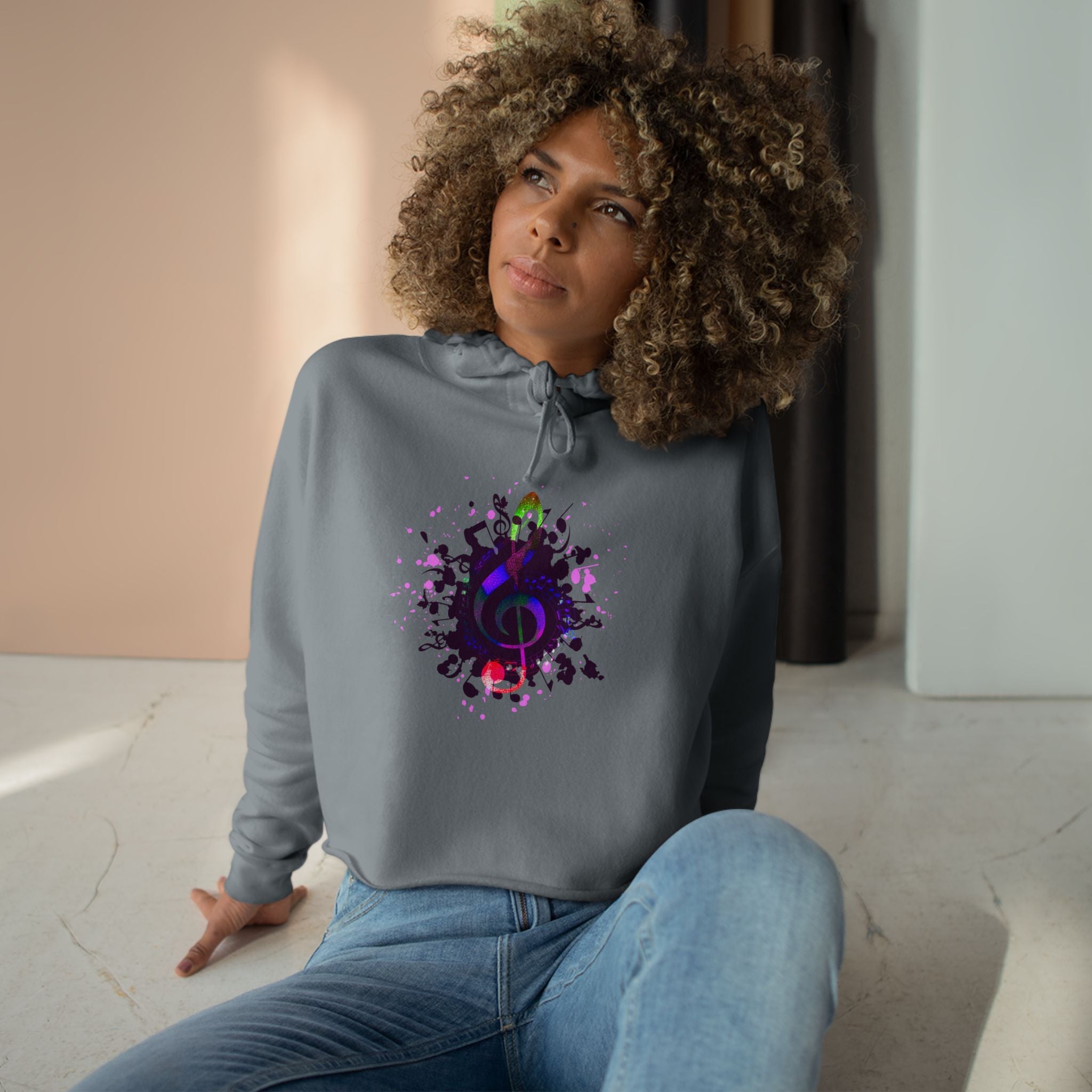 Musical Vibes Crop Hoodie - Colorful Treble Clef Design