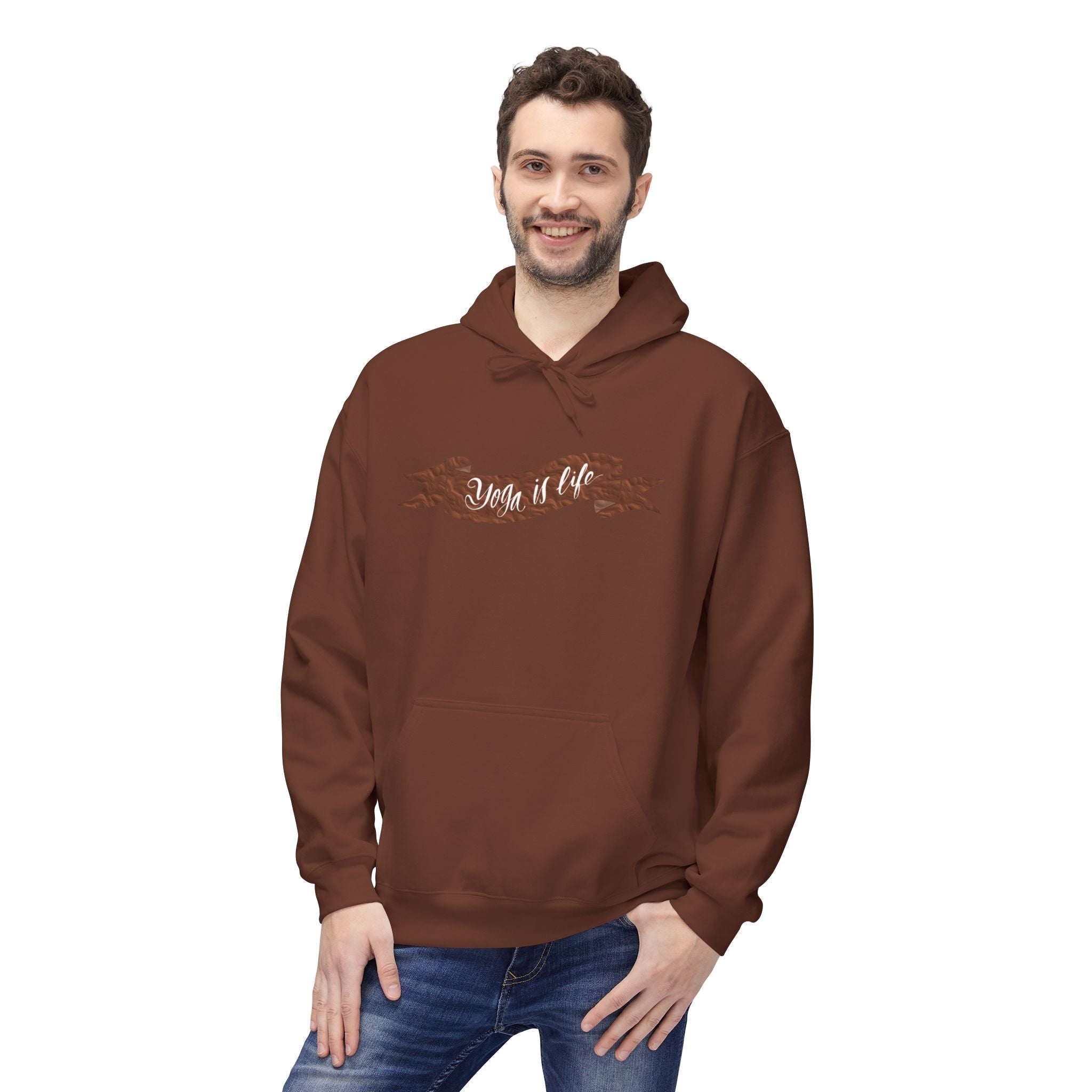 Cozy 'Yoga is Life' Script Hoodie — Rustic Brown Fleece Pullover