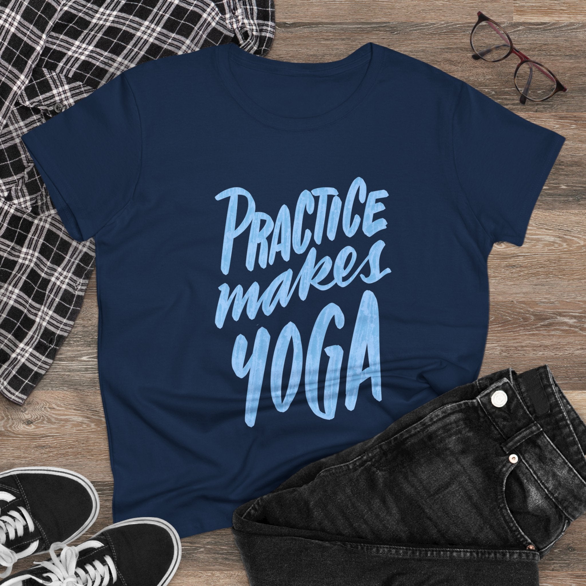 Women's Yoga Cotton Tee - "Practice Makes Yoga" Shirt, Fitness Apparel, Gift for Yogis, Cozy Casual Wear, Motivational T-Shirt