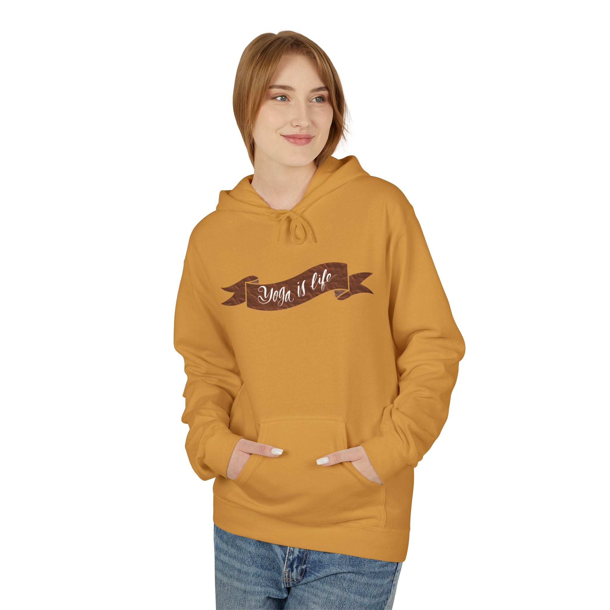 Cozy 'Yoga is Life' Script Hoodie — Rustic Brown Fleece Pullover