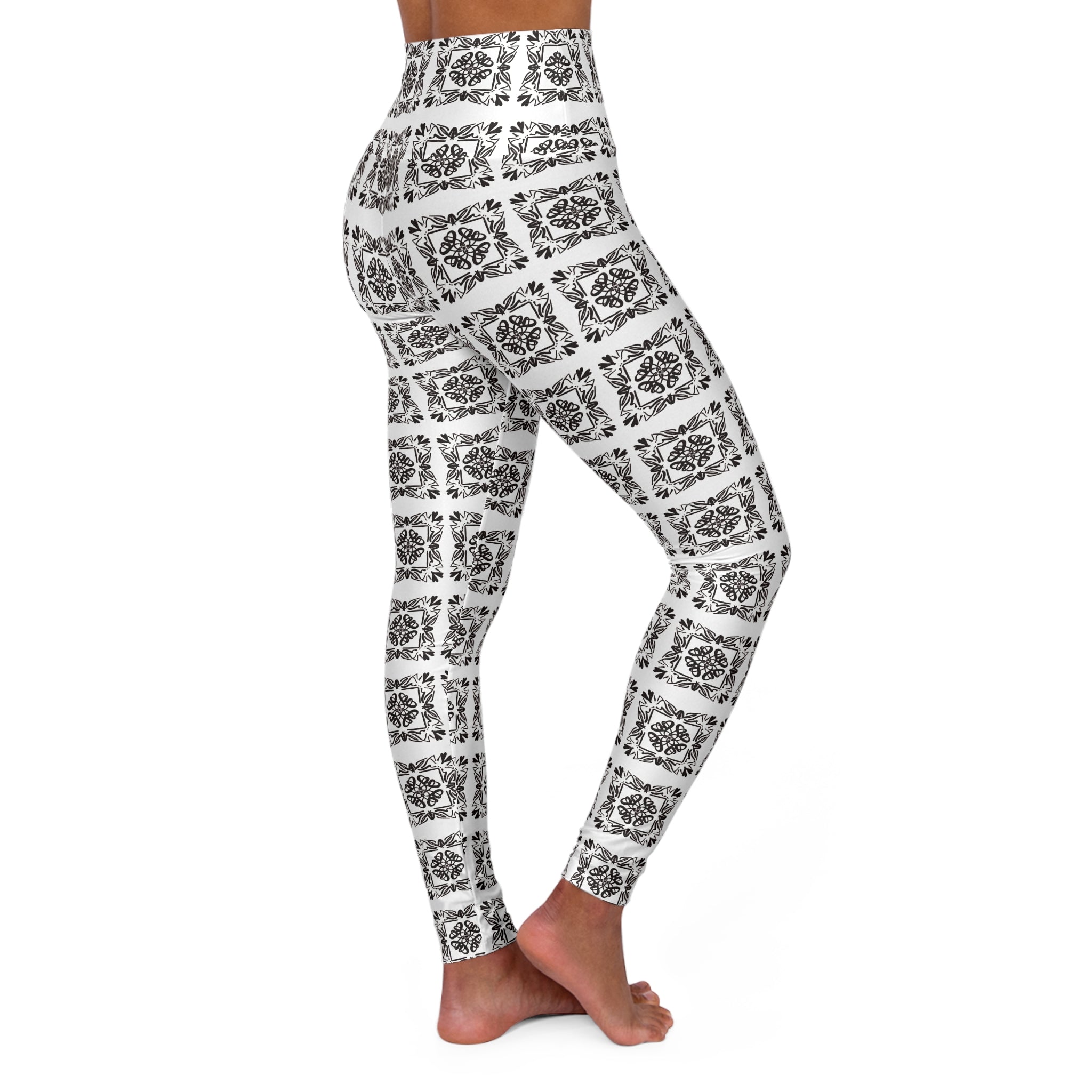 Bohemian Floral High Waisted Yoga Leggings - hand-drawn pattern