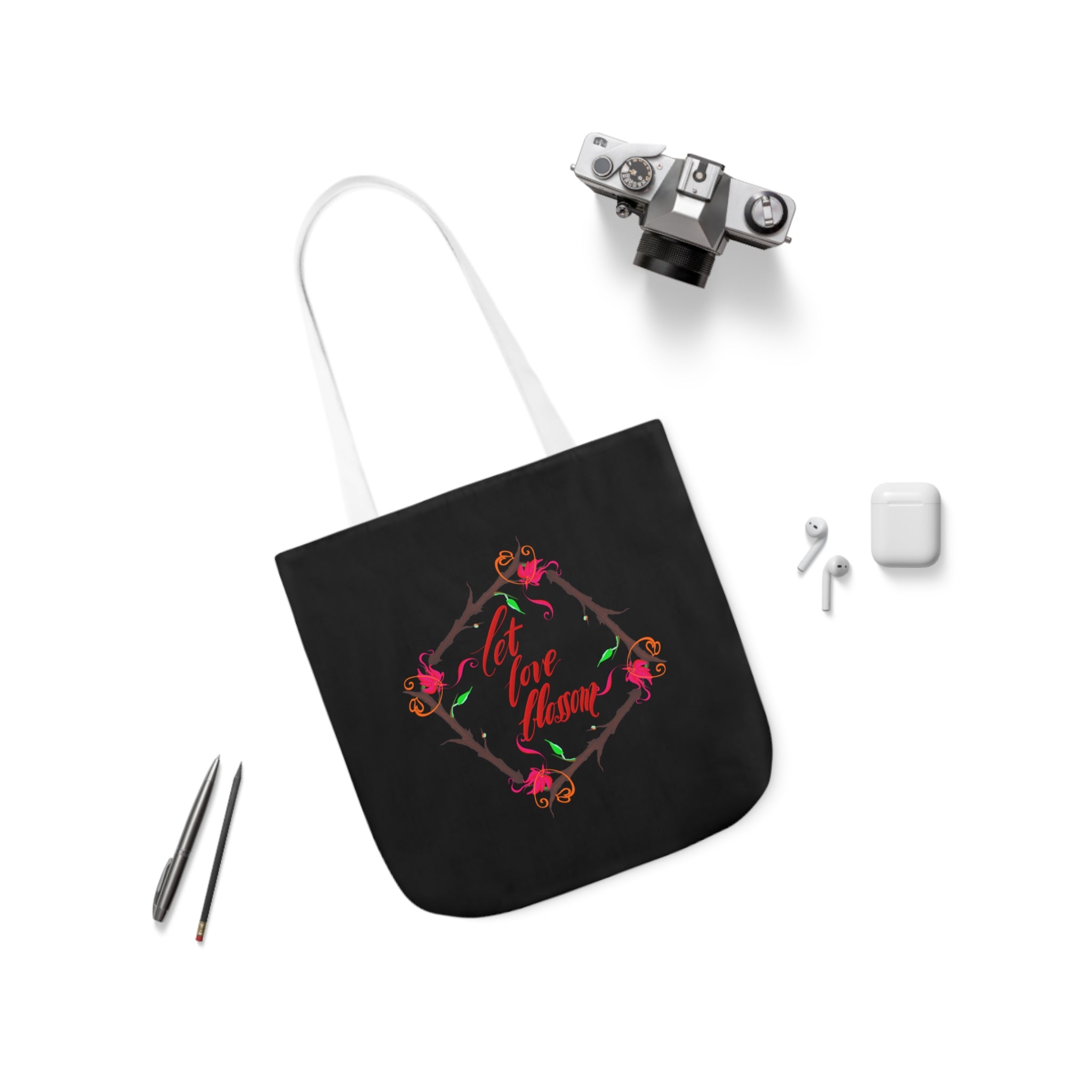 LET LOVE BLOSSOM Canvas Tote Bag, 5-Color Straps
