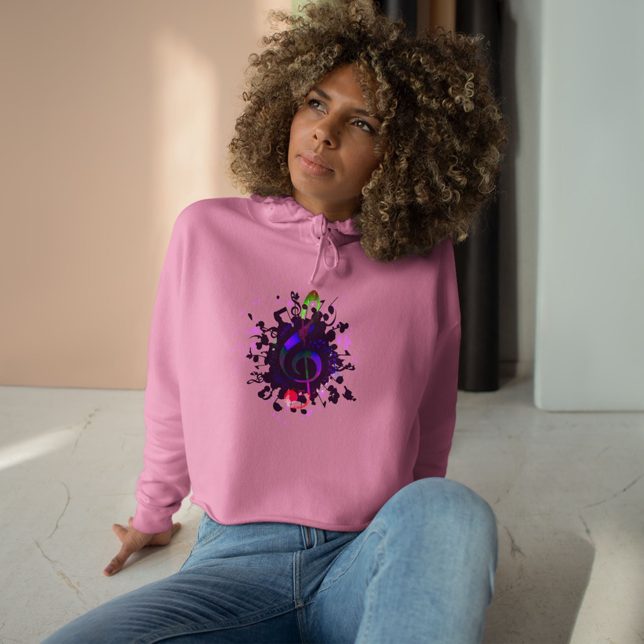Musical Vibes Crop Hoodie - Colorful Treble Clef Design