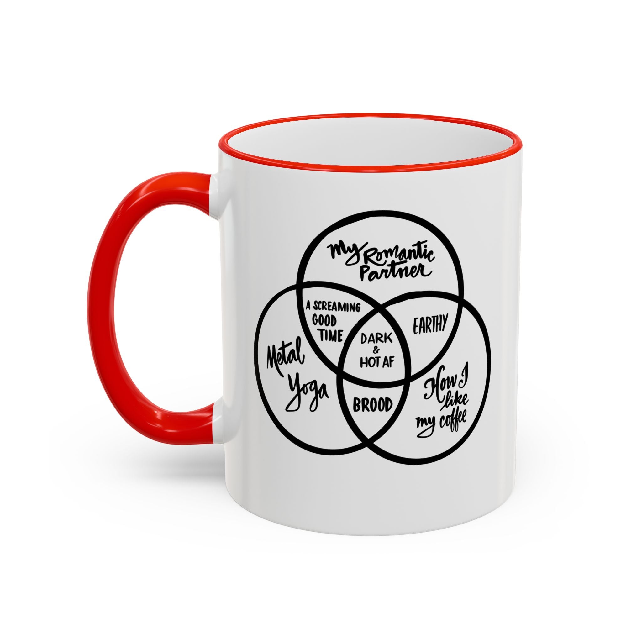 Metal Yoga Venn Diagram Mug — Funny Coffee Lover Accent Rim & Handle Mug (11oz/15oz)