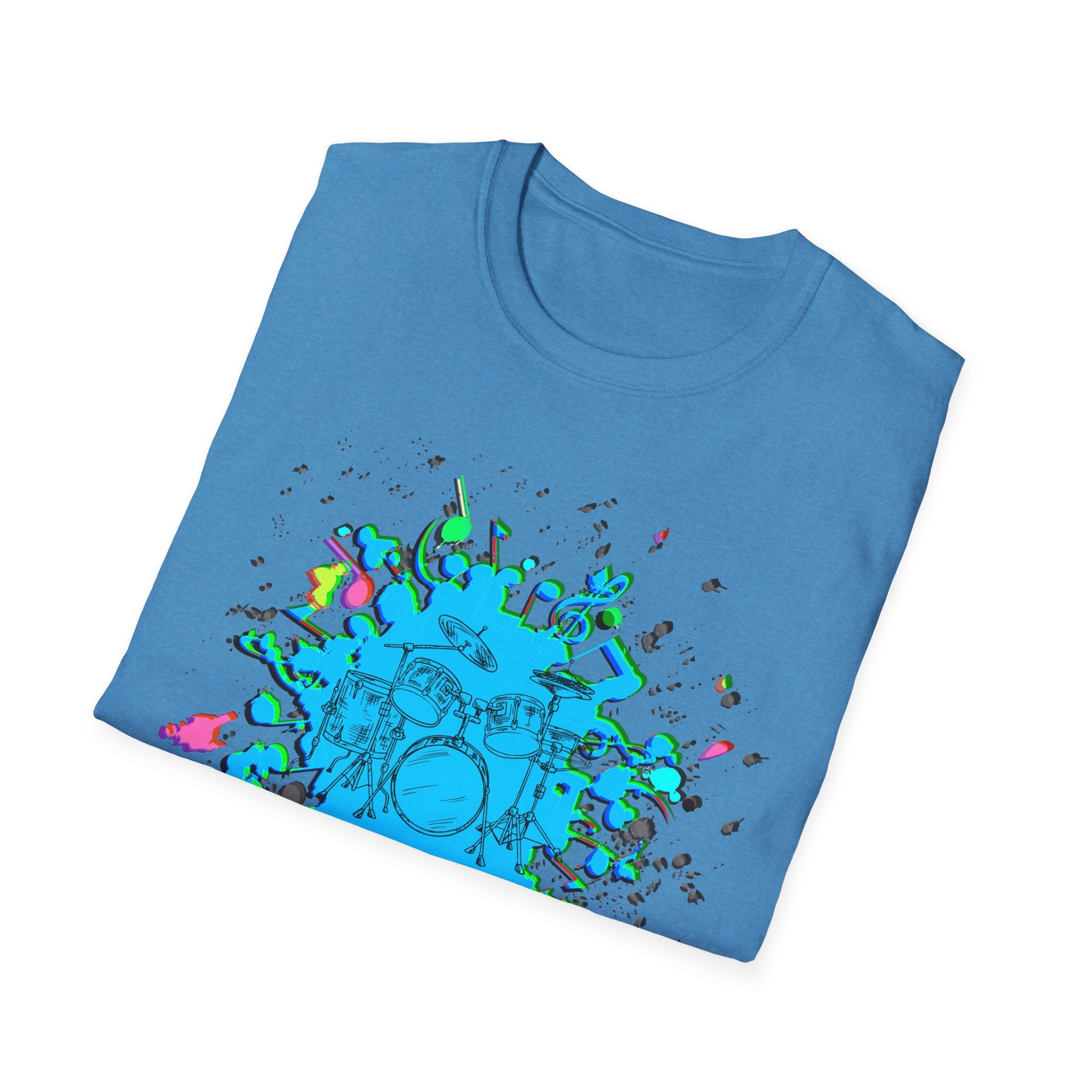 Vibrant Drummer's Splash Unisex Softstyle T-Shirt - Perfect for Musicians & Music Lovers