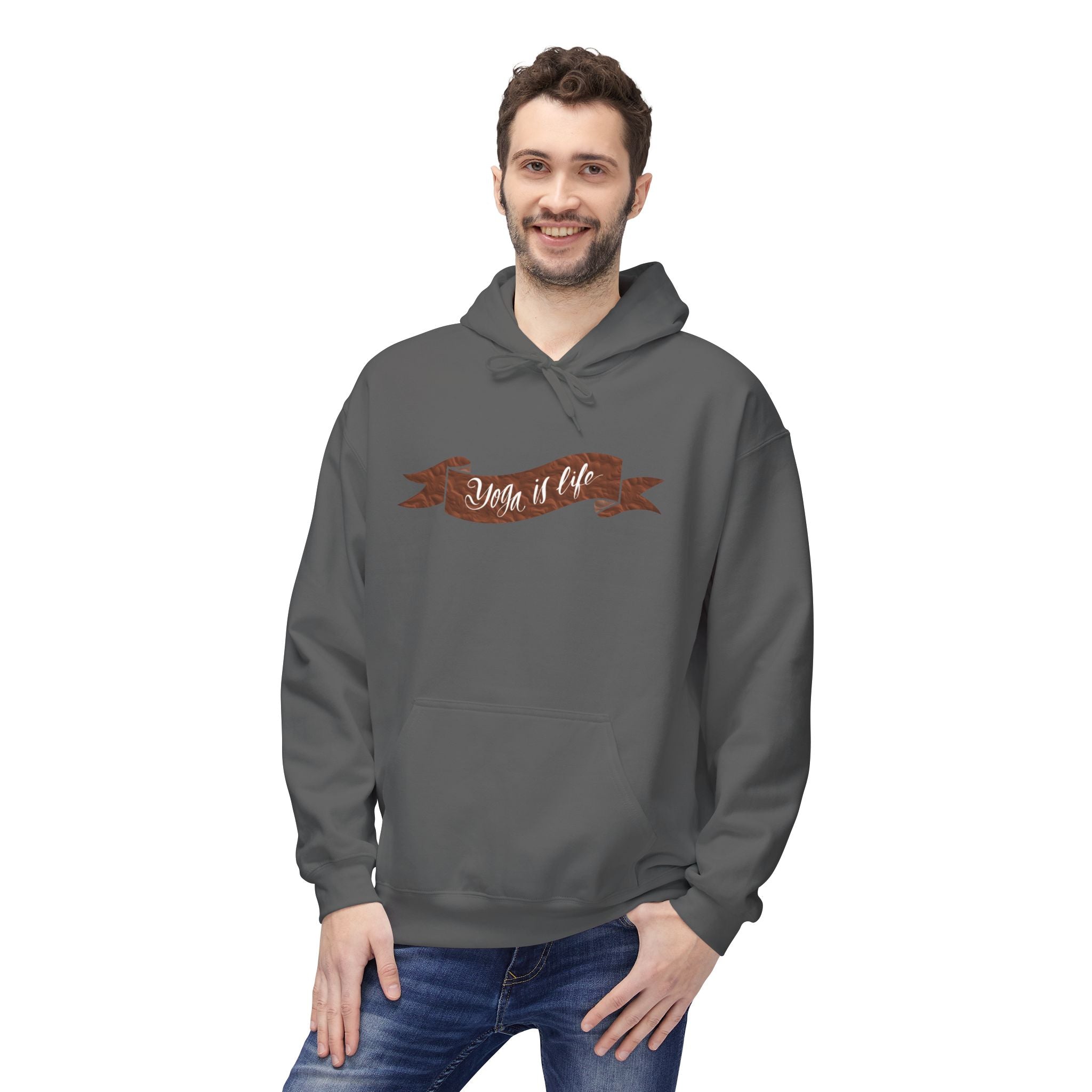 Cozy 'Yoga is Life' Script Hoodie — Rustic Brown Fleece Pullover