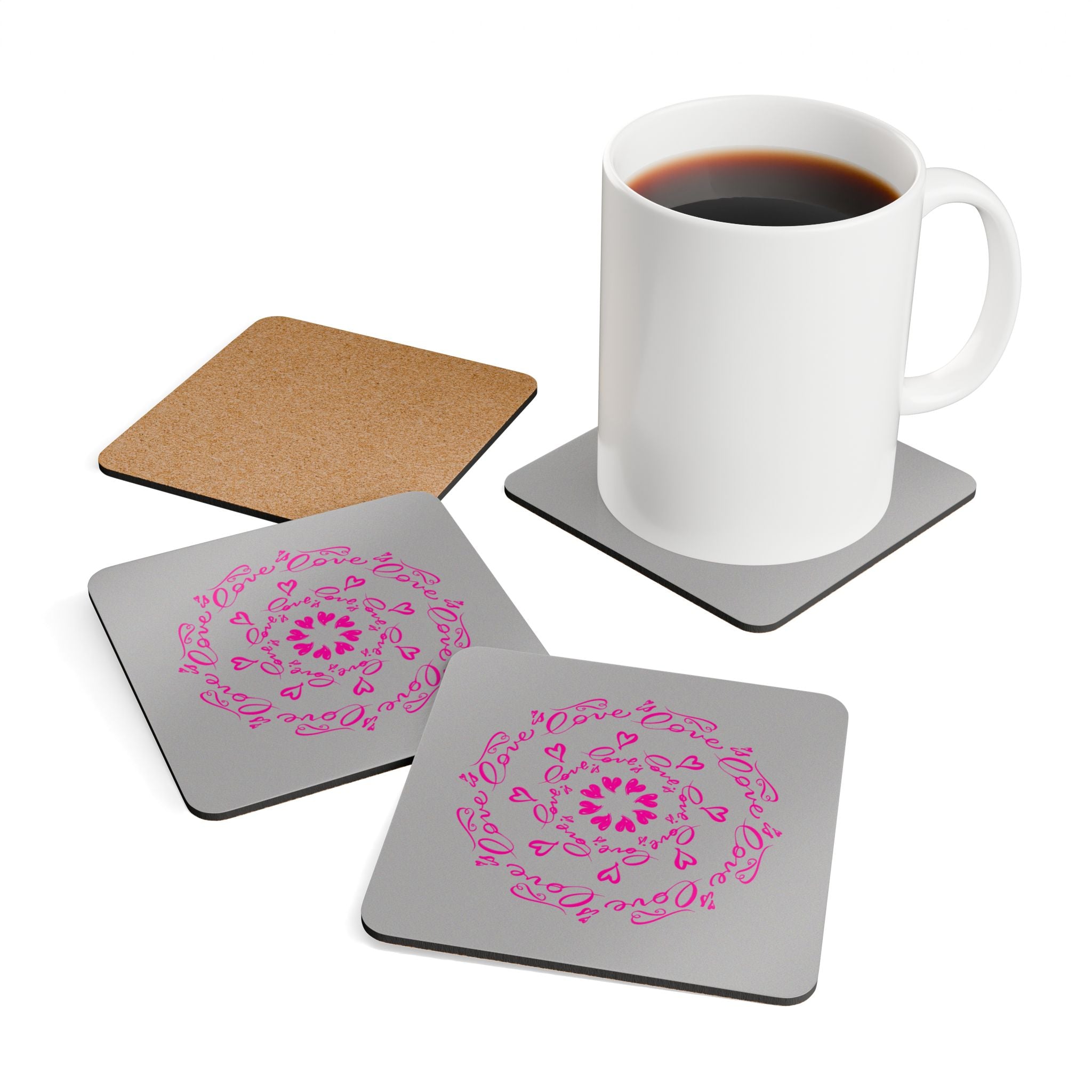 Love Mandala Cork Coaster Set — Pink Heart Drink Coasters (4-Pack)