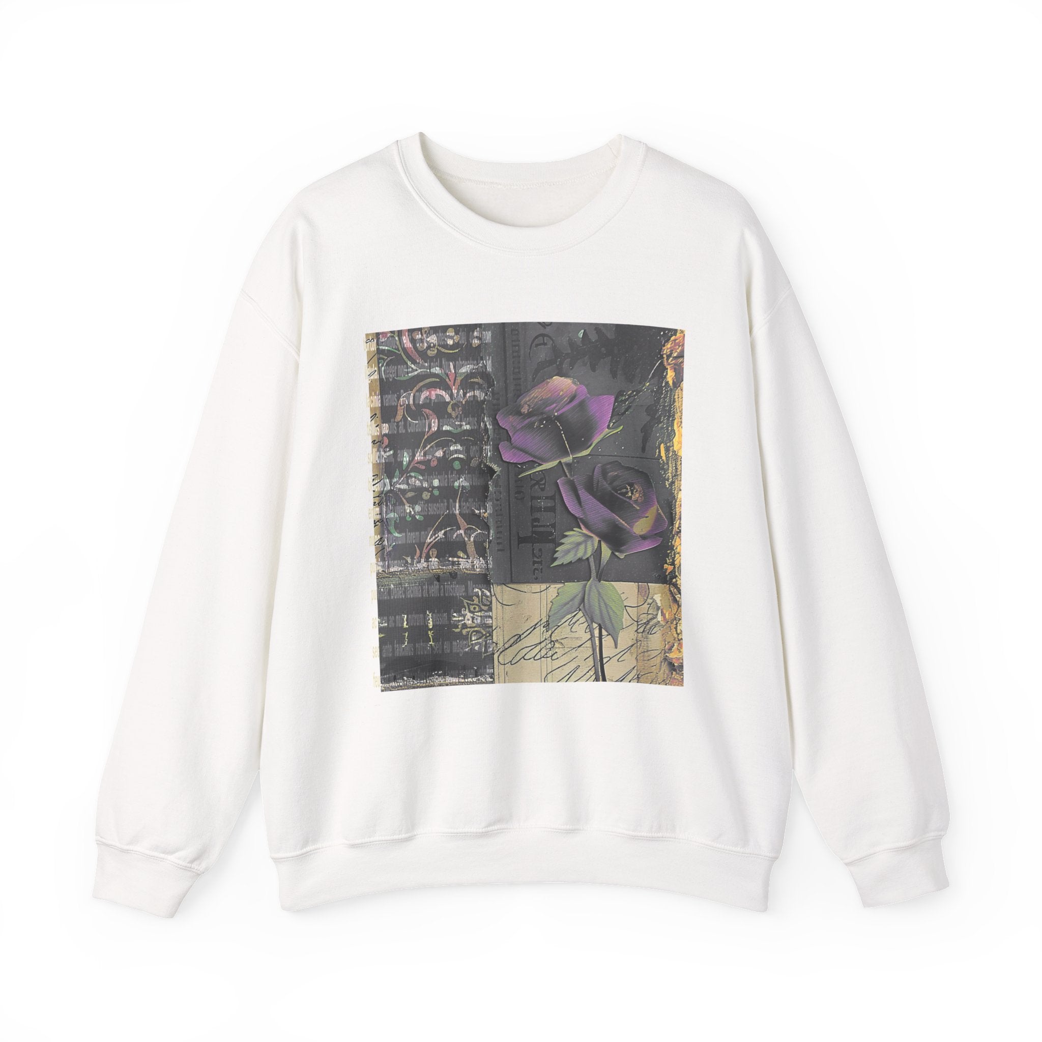 Crewneck Sweatshirt — Vintage Botanical Collage with Purple Roses
