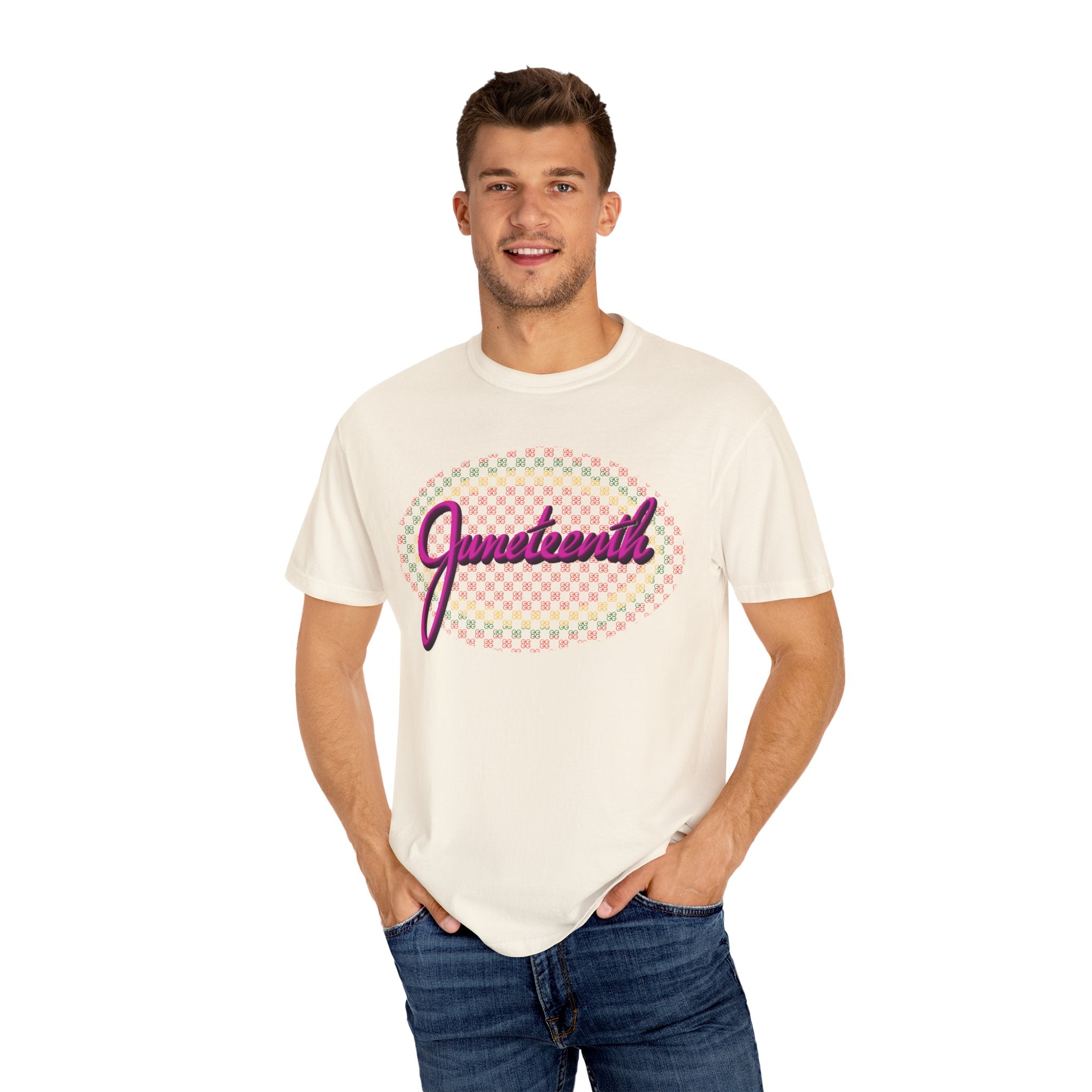 JUNETEENTH WITH PINK SCRIPT Unisex Garment-Dyed T-shirt