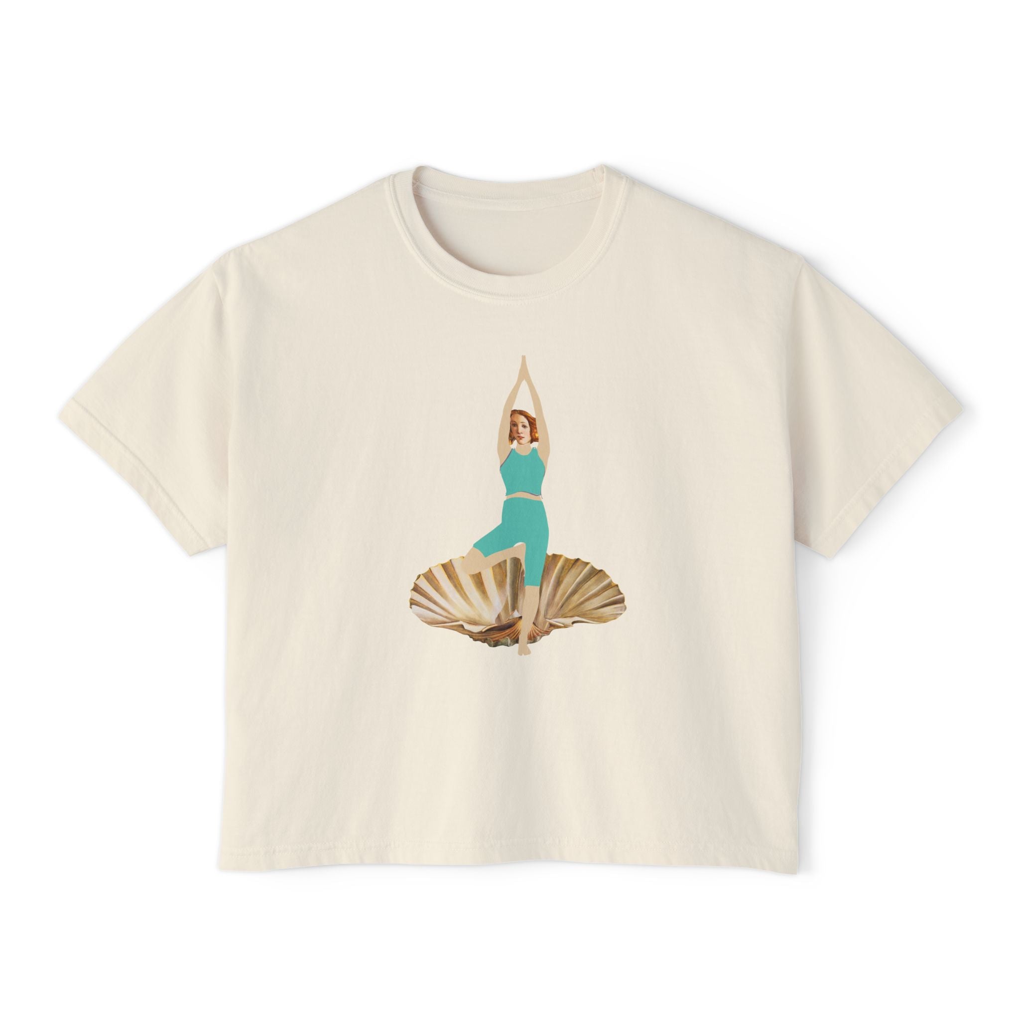 Birth of Venus Yoga Boxy Tee, Women's Casual Shirt, Summer Vibes T-Shirt, Relaxed Fit Top, Vacation Wear, Perfect for Beach Days