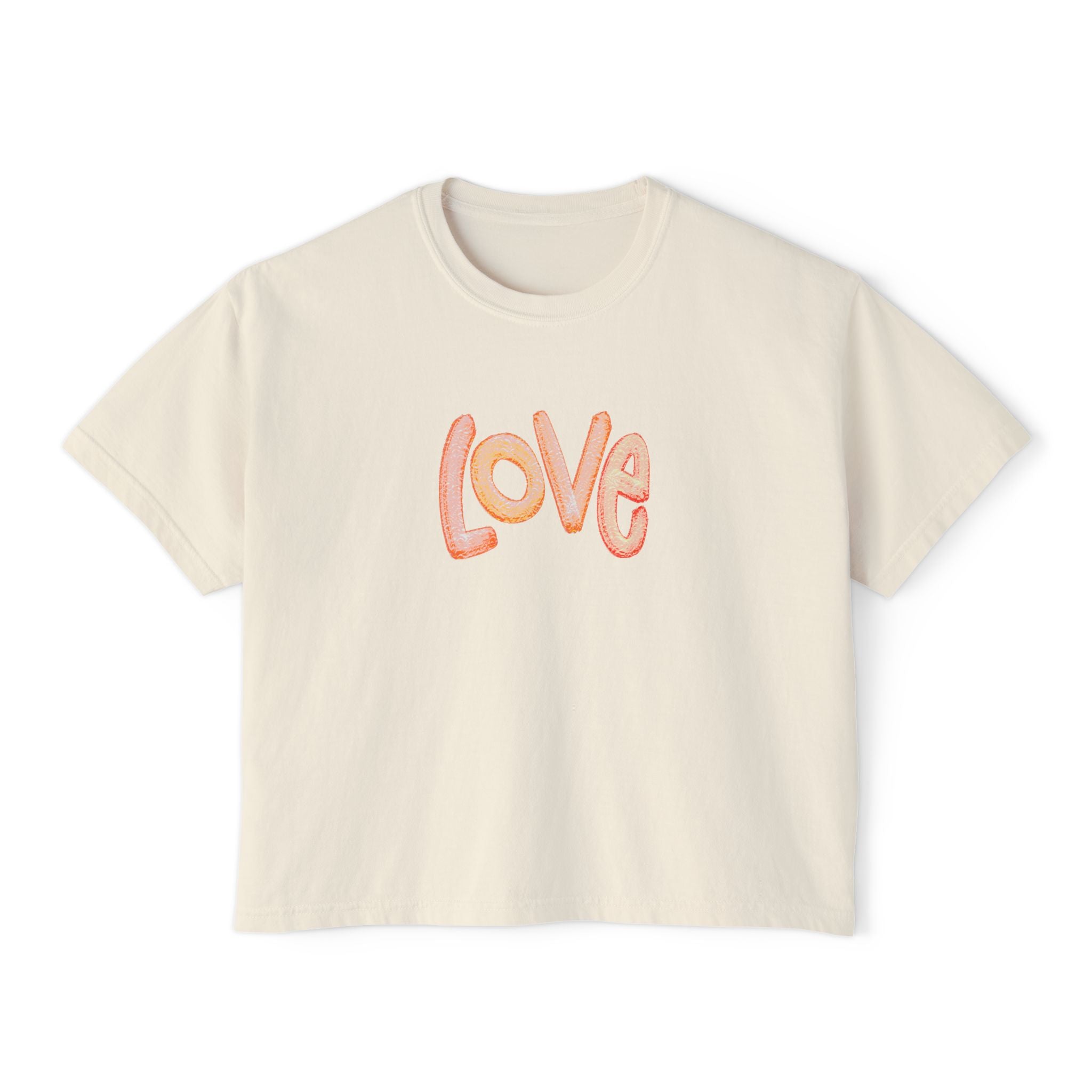 Women's Boxy Tee - Soft Cream Tee with 'Love' Design - Casual Comfort for Everyday Wear
