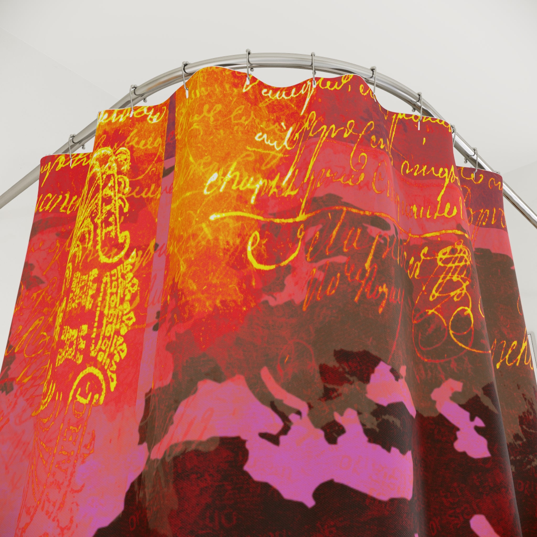World Map Artistic Shower Curtain - Vibrant Red and Gold Design