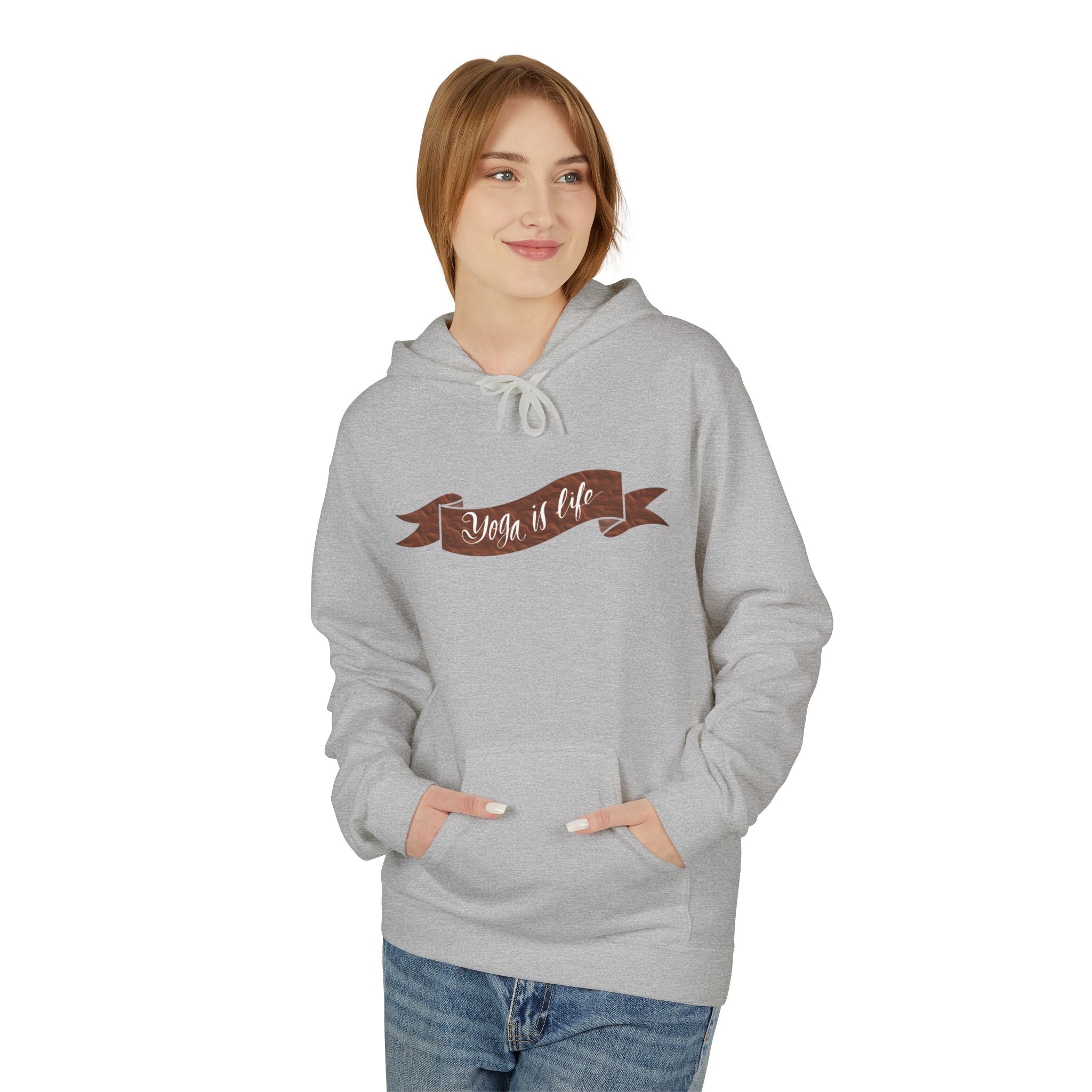 Cozy 'Yoga is Life' Script Hoodie — Rustic Brown Fleece Pullover