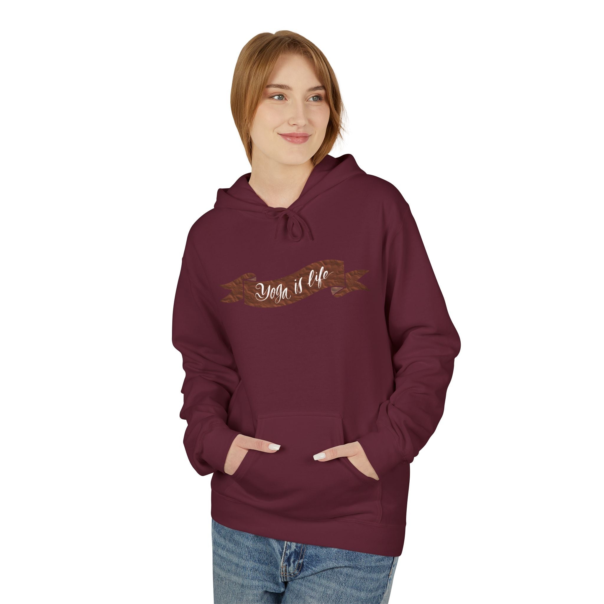 Cozy 'Yoga is Life' Script Hoodie — Rustic Brown Fleece Pullover