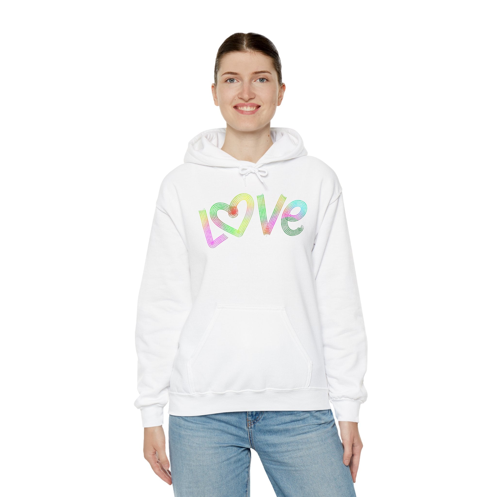 Colorful Love Hoodie, Cozy Sweatshirt, Trendy Unisex Apparel, Ideal for Everyday Wear, Cute Love Design