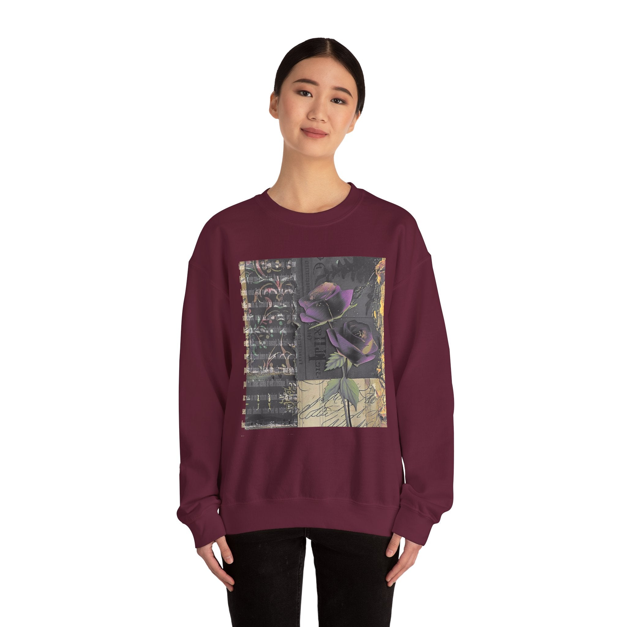Crewneck Sweatshirt — Vintage Botanical Collage with Purple Roses