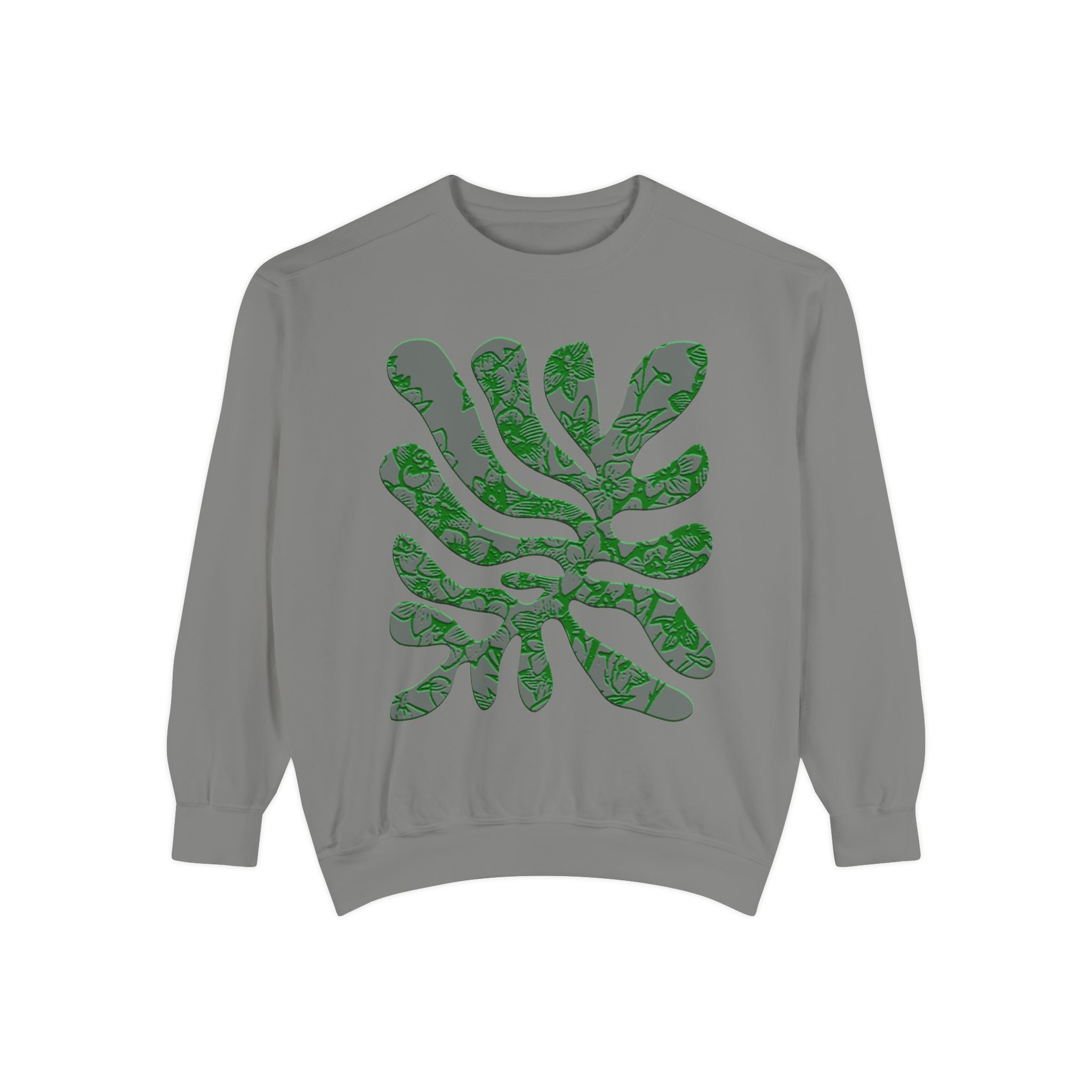 Eco-Friendly Garment-Dyed Sweatshirt with Green Leaf Design - Unisex Casual Wear