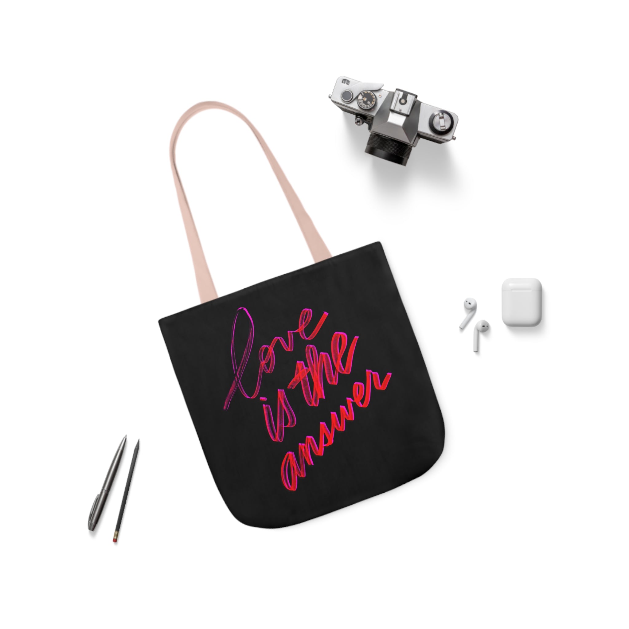 LOVE IS THE ANSWER Canvas Tote Bag, 5-Color Straps