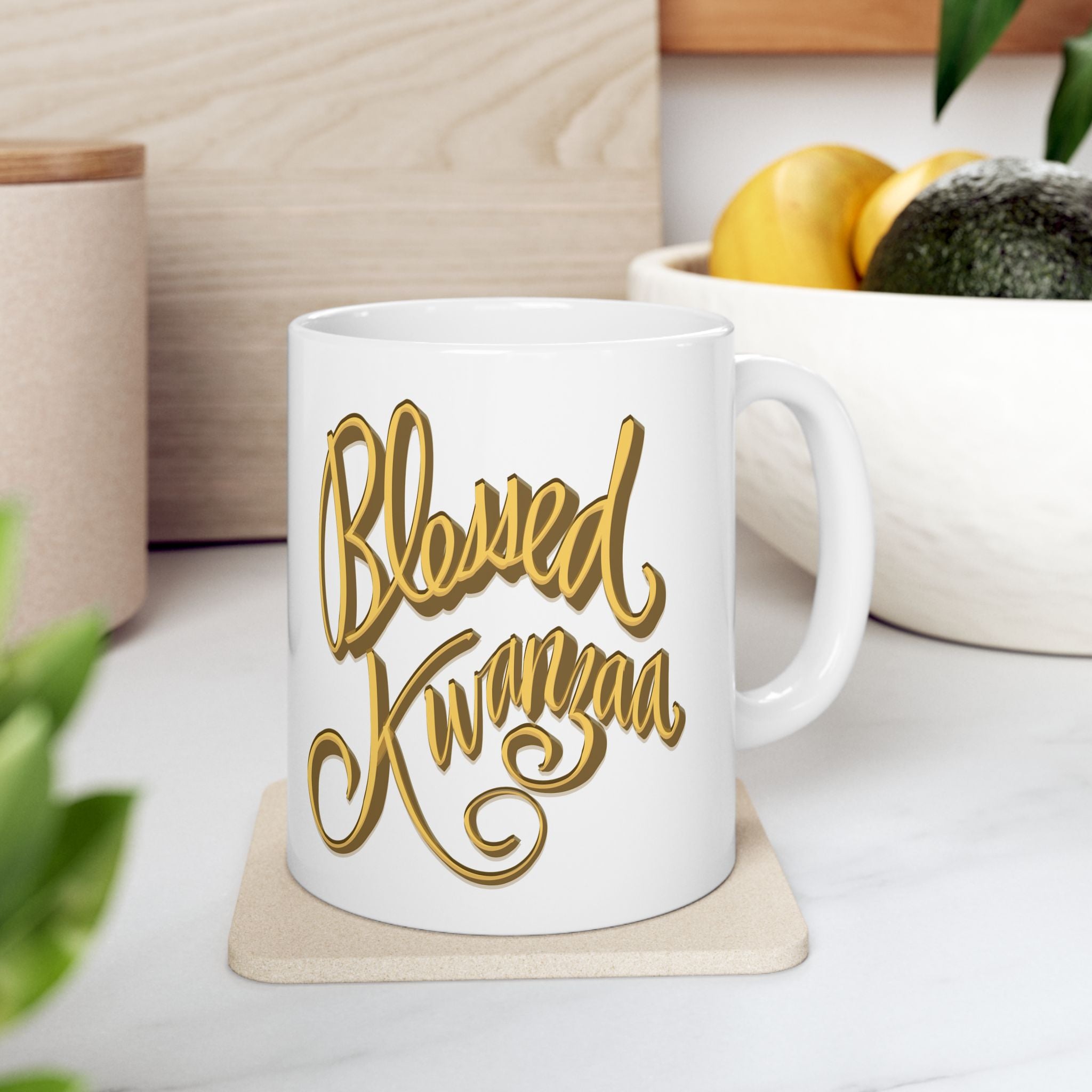 BLESSED KWANZAA CALLIGRAPHY Ceramic Mug, (11oz,)
