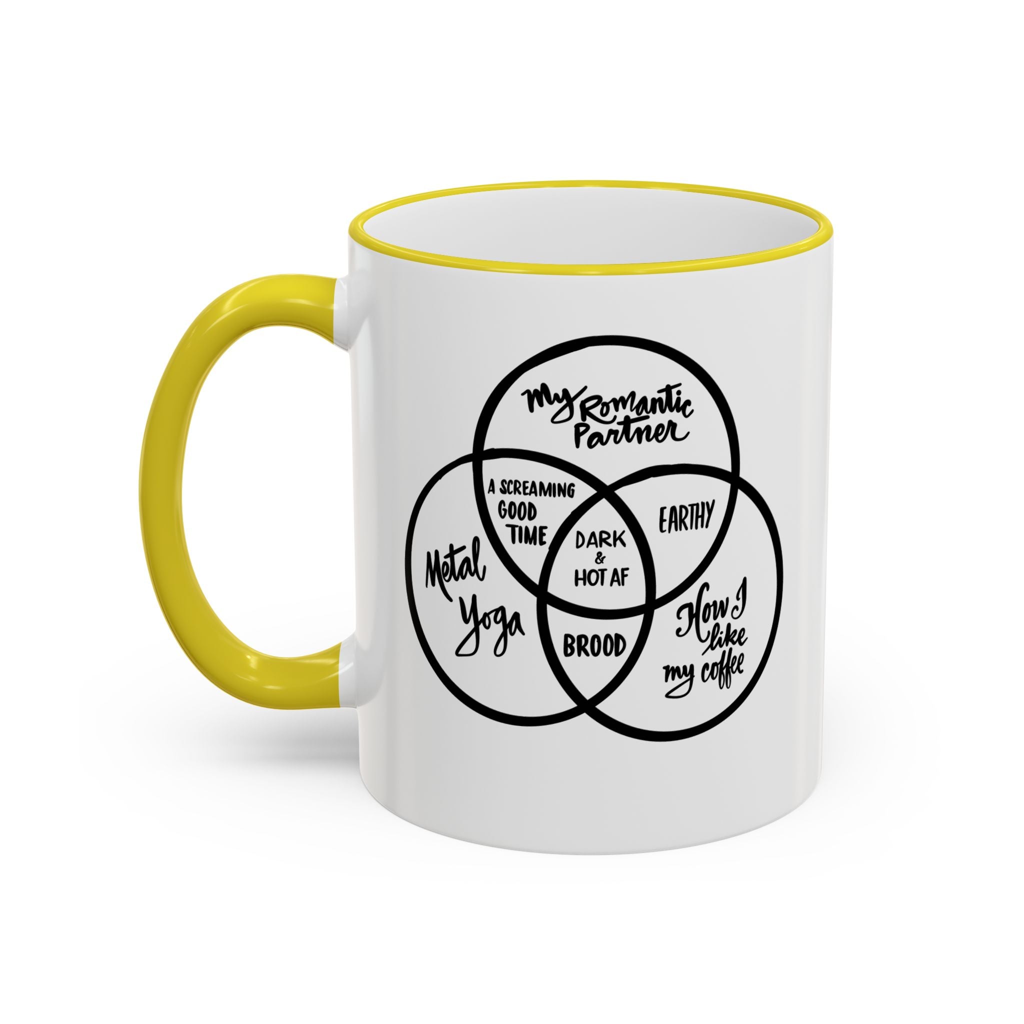 Metal Yoga Venn Diagram Mug — Funny Coffee Lover Accent Rim & Handle Mug (11oz/15oz)