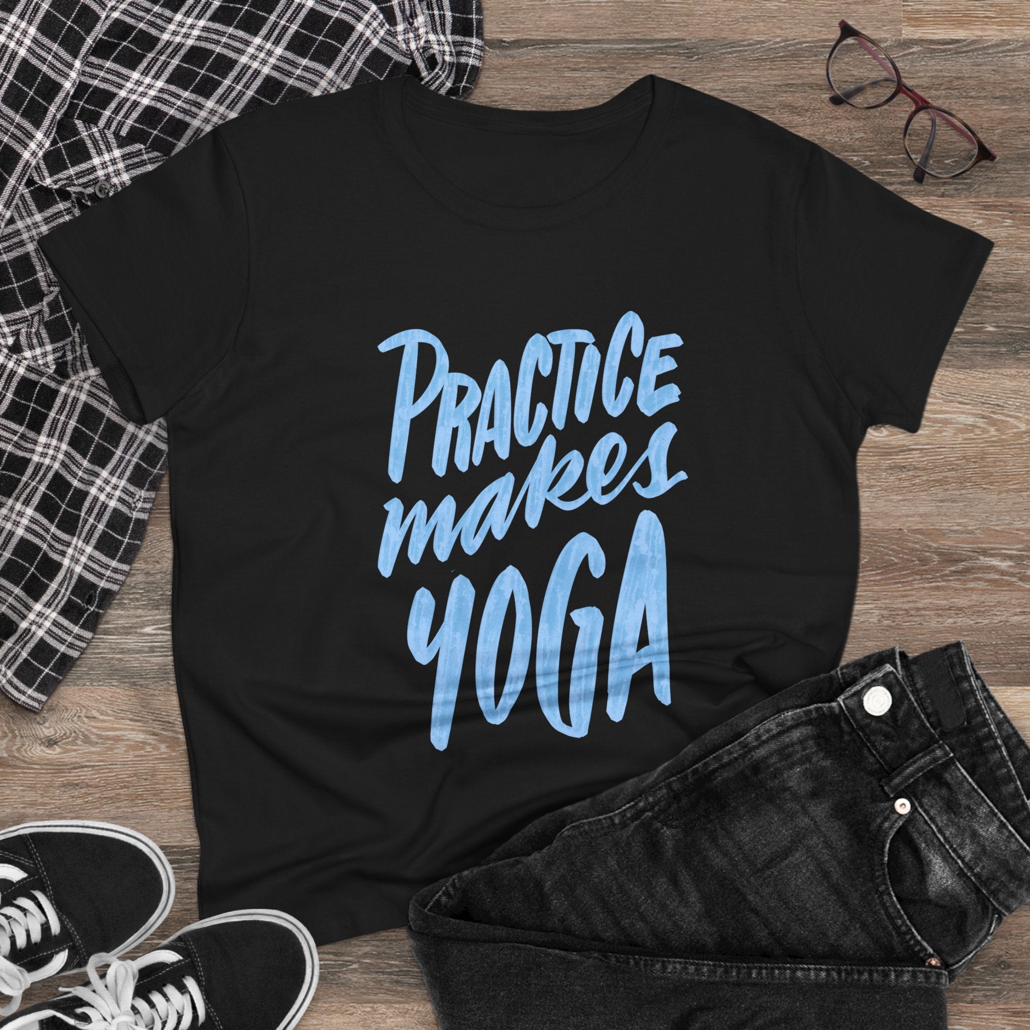 Women's Yoga Cotton Tee - "Practice Makes Yoga" Shirt, Fitness Apparel, Gift for Yogis, Cozy Casual Wear, Motivational T-Shirt
