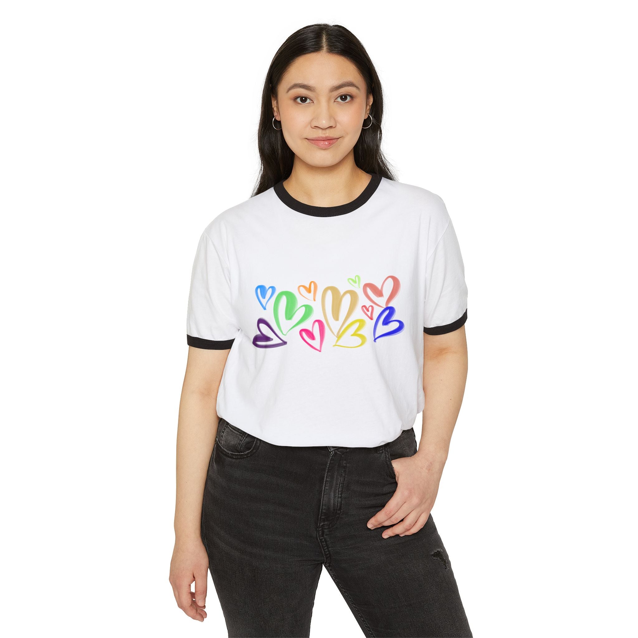 Colorful Heart Vibe Unisex Ringer T-Shirt, Cute Graphic Tee, Casual Pride Shirt, Gift for Friends, Summer Wear, LGBTQ+ Apparel
