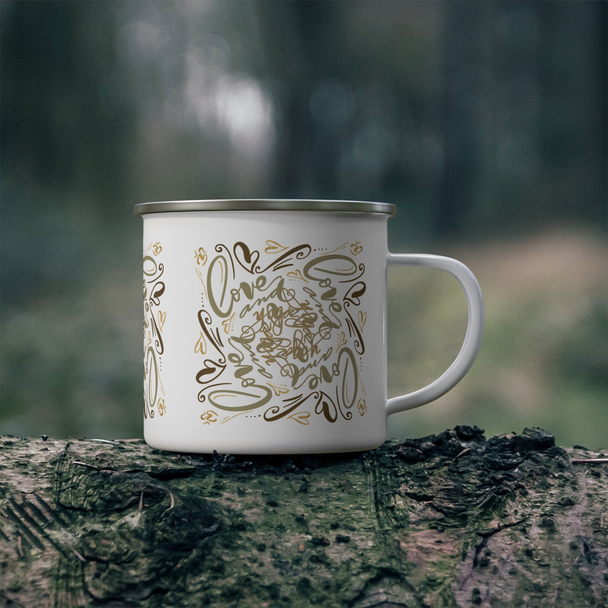 Enamel Camping Mug — Gold 'Love and Yoga’ Handlettered Pattern, Romantic Outdoor Coffee Cup